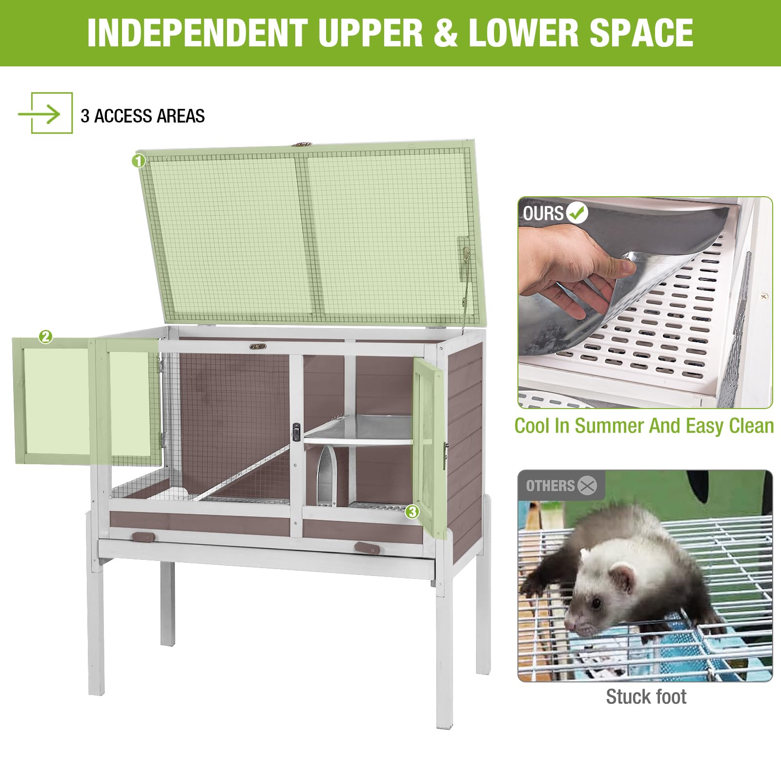 Wooden Guinea Pig Cages Indoor,Two-Story Wooden Rabbit Cage Hutch with Removable Stand and Pull Out Tray, Small Animals Cage Habitat with Ramp and Plastic Mesh(Brown&White)