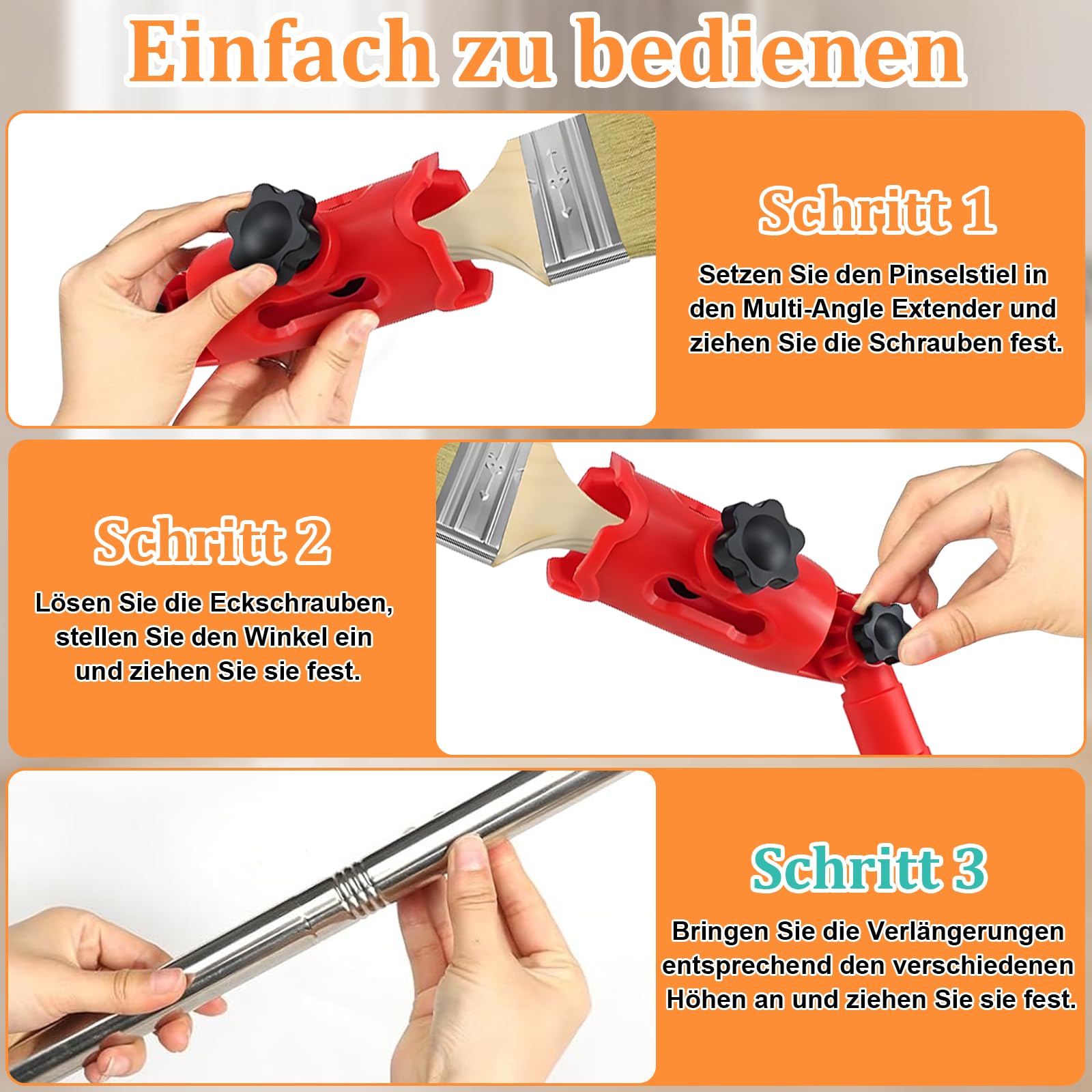 Mehrwinkel Pinsel Verlängerung mit 2 Farbpinseln, Farbpinsel Verlängerung, Multi Angle Paint Brush Extender, Einziehbare Verlängerungsstange für Wände, Decken & Ecken