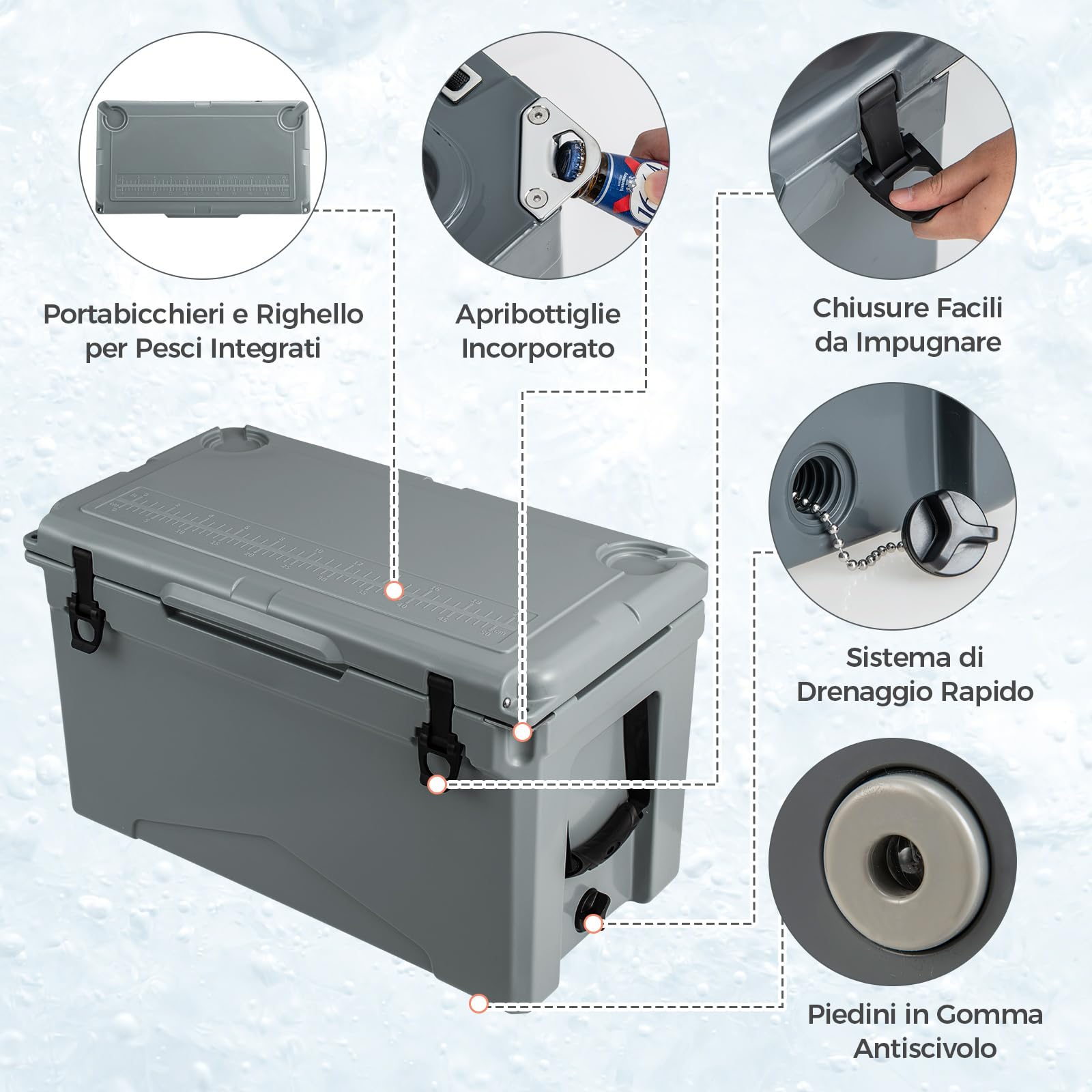 GYMAX 47L Borsa Termica Rigida Portatile, Ghiacciaia a Rotostampaggio con Portabicchieri, Righello e Apribottiglie, Ghiaccio Fino 5-7 Giorni, Frigo Passivo Anti-Perdite per Spiaggia (Grigio)