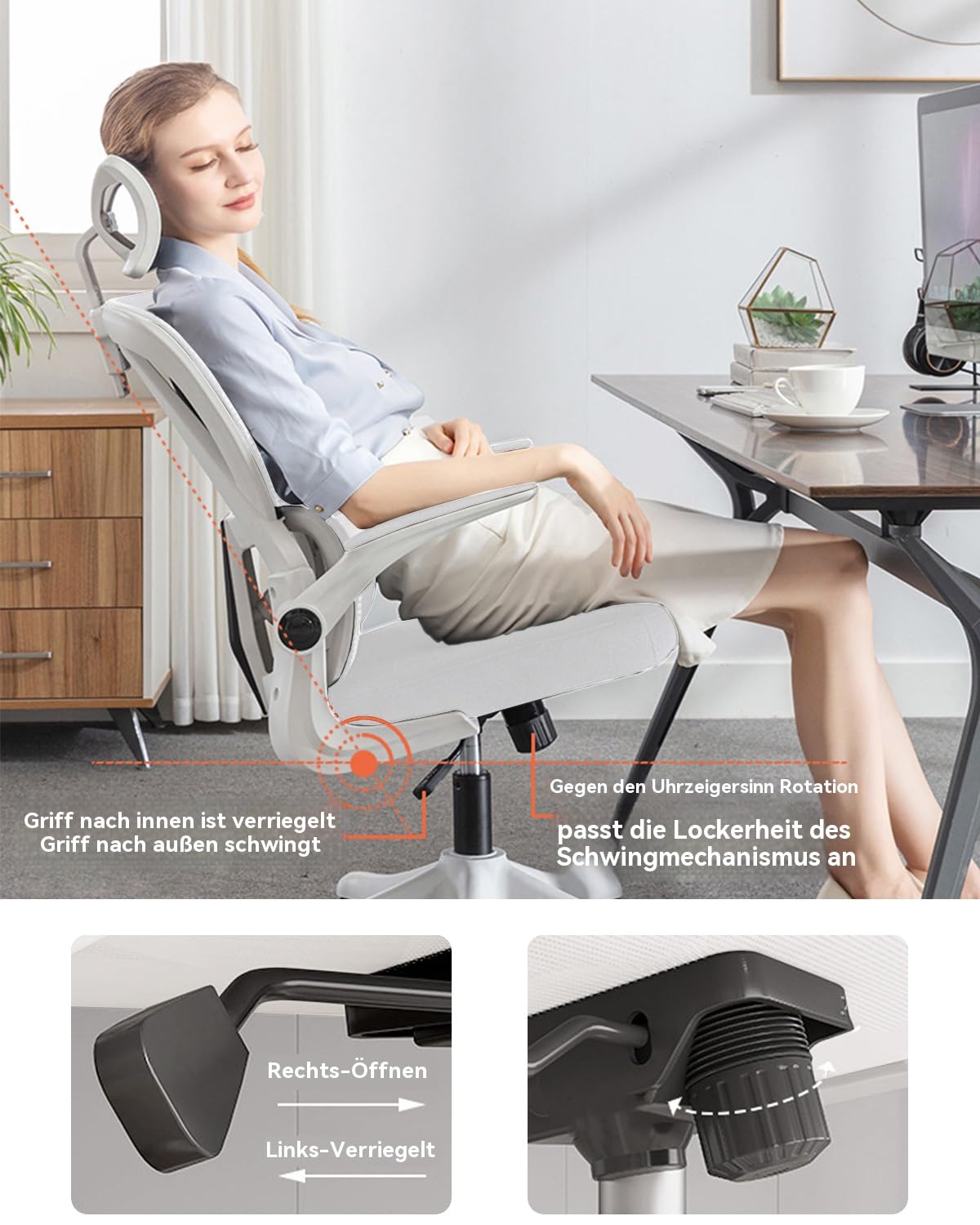 Bürostuhl Mesh Schreibtischstuhl,Ergonomischer Hochrücken-Gaming-Rollstuhl mit Rädern und Verstellbarer Kopfstütze,Komfortable Hochklappbare Armlehnen für Zuhause,Schlafzimmer,Studium(Weiß)