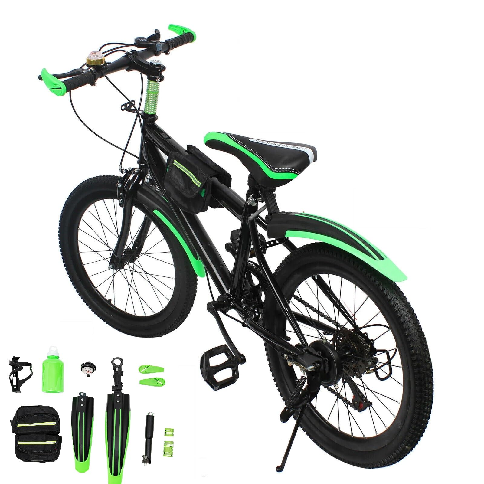 lieroda 20 Inch Kids Mountain Bike, 7-Speed Junior MTB, Adjustable Seat, Lightweight Carbon Steel Frame, 75kg Max Load, for Boys Girls 1.3–1.5m, Black & Green
