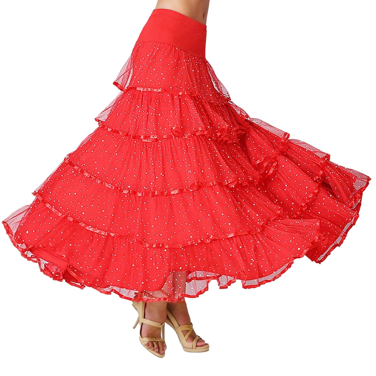 Jupe en tulle pailletée pour femme, longue, élégante, taille haute, ligne A, jupe midi à paillettes, jupe midi avec taille élastique, jupon rétro, jupe de danse de ballet avec ourlet évasé, costume de