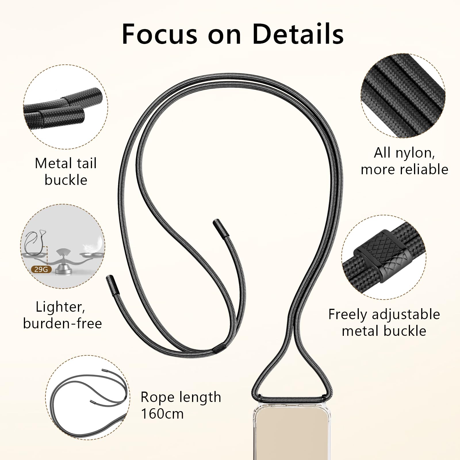 DiDaDi Cover per iPhone 15 Plus con Cordino, Trasparente Custodia con Laccio Tracolla Cellulare Girocollo Collana Protettiva per iPhone 15 Plus 6.7", Nero