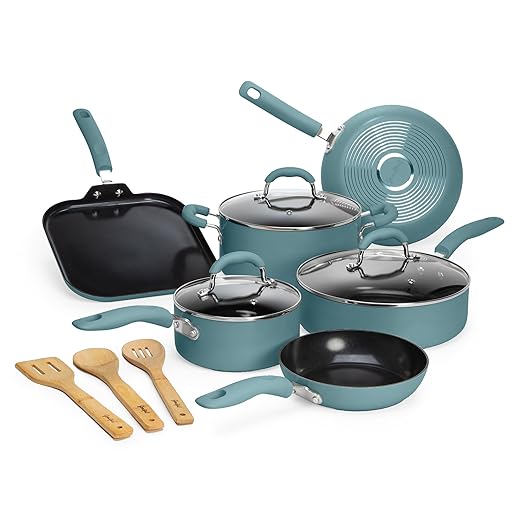 Goodful 12 Piece Cookware Set with Premium Non-Stick Coating, Dishwasher Safe Pots and Pans, Tempered Glass Steam Vented Lids, Stainless Steel Handles, Turquoise
