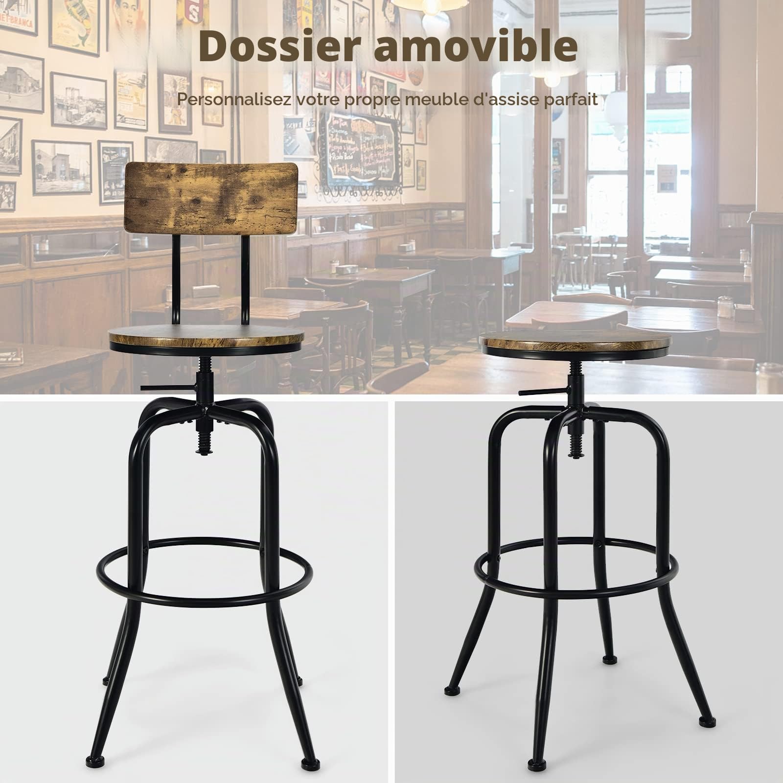 GIANTEX Lot de 2 Tabourets de Bar, Chaises de Bar Hautes Industrielles Pivotant avec Siège Réglable, Dossier et Repose-Pieds en Arc, pour Cuisine, Café, Pub, Bistrot, Marron Rustique + Noir