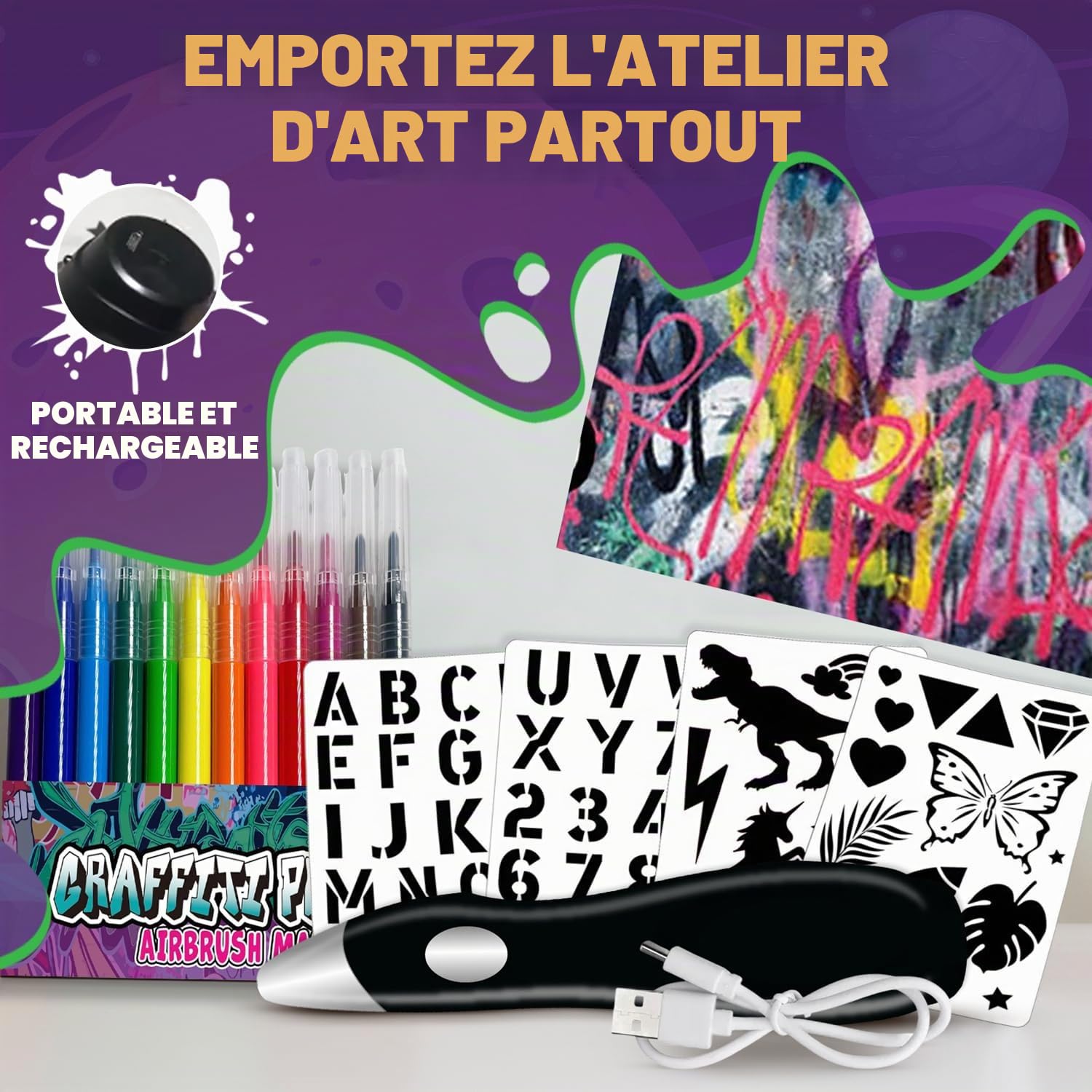 Stylo aérographe électrique, pulvérisateur électrique rechargeable sans fil, stylo aérographe, 12 couleurs, lavable aquarelle, stylos d'art et d'artisanat, cadeau pour peinture et dessin