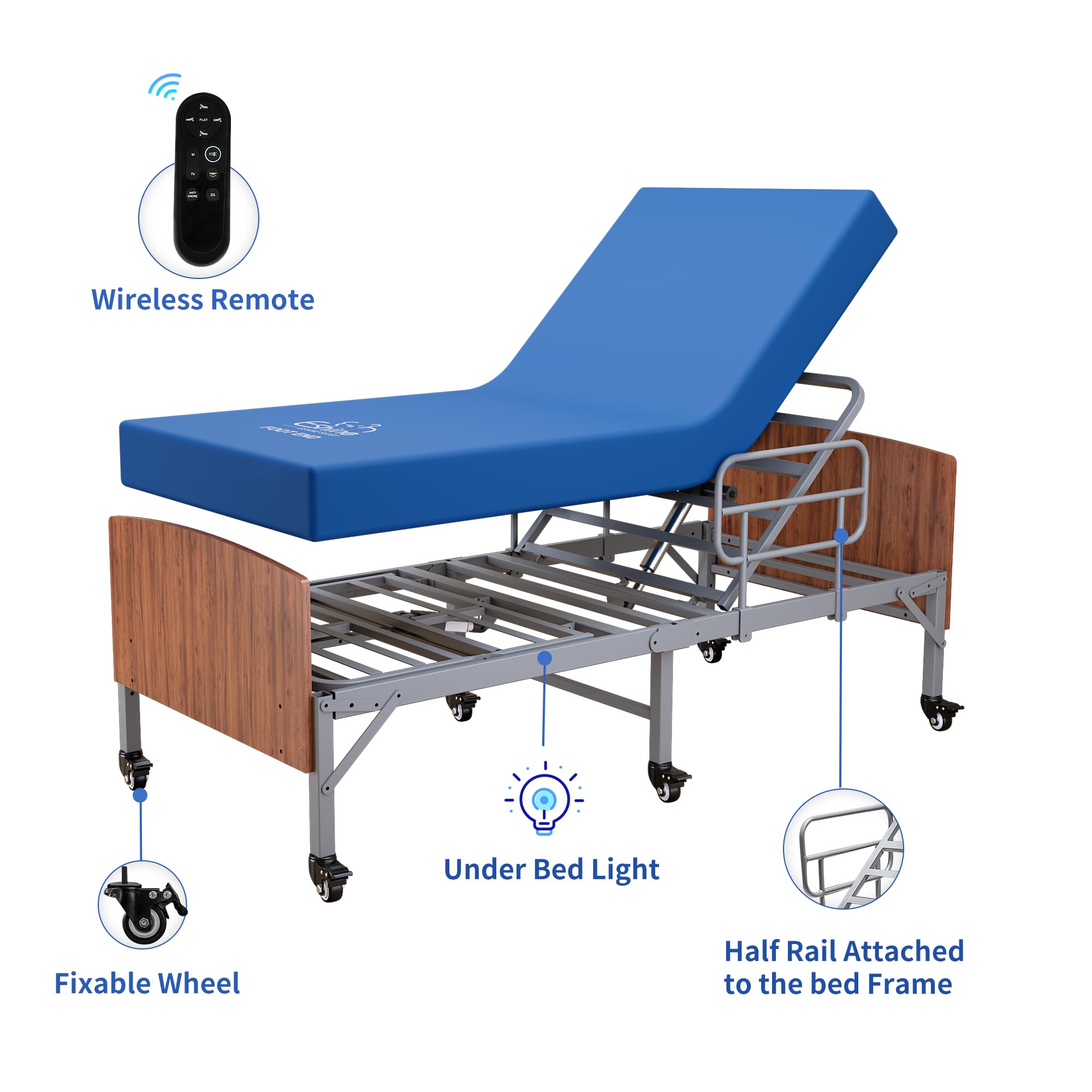 ESHINE Adjustable Bed Frame with Hospital Waterproof Mattress - Wireless Remote, Underbed Light, Headboard, 2.5