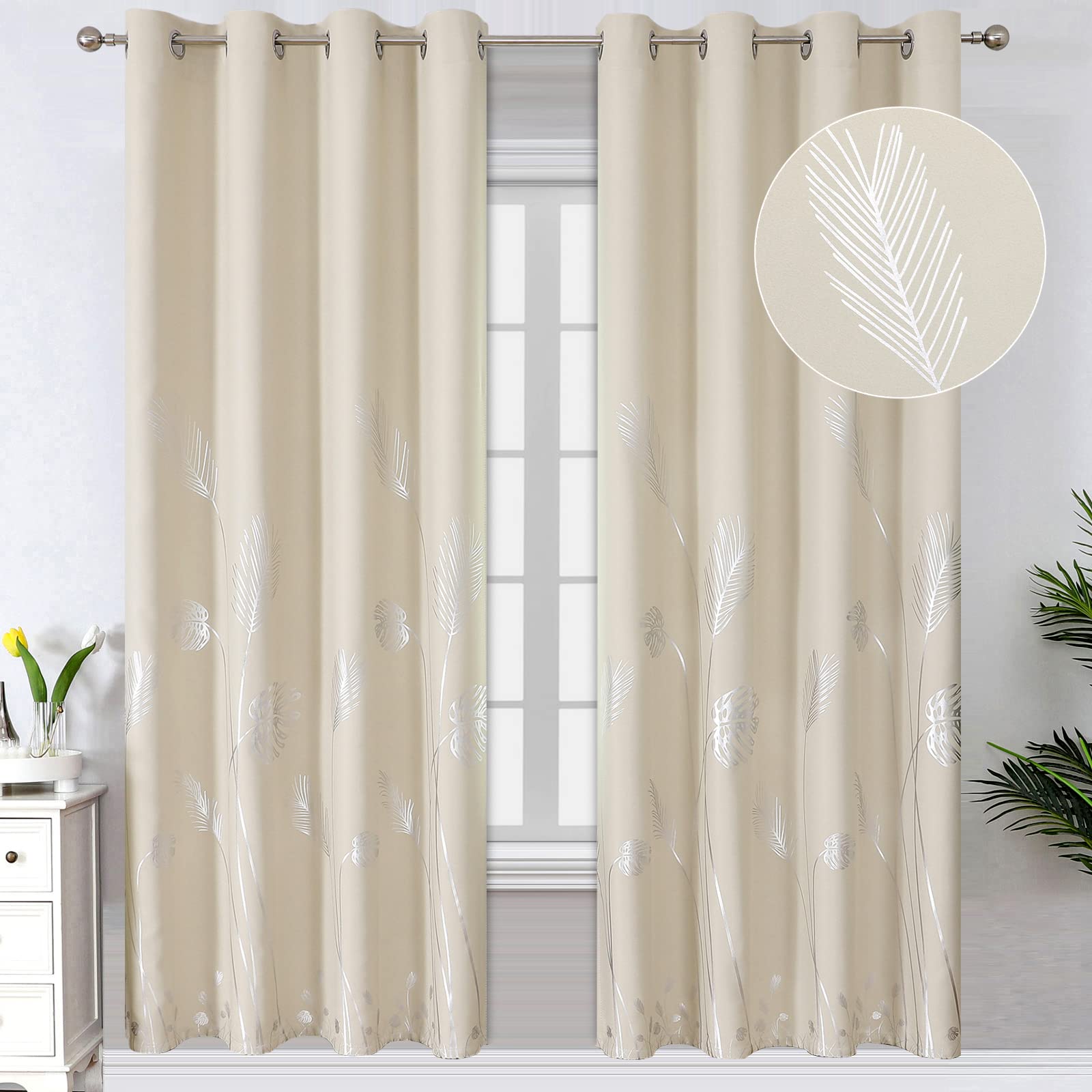 Estelar Textiler Blackout Window Curtain Panels Thermal Insulated Silver Palm Tree Room Darkening Curtains for Living Room, 52Wx72L, Cream Beige, 2