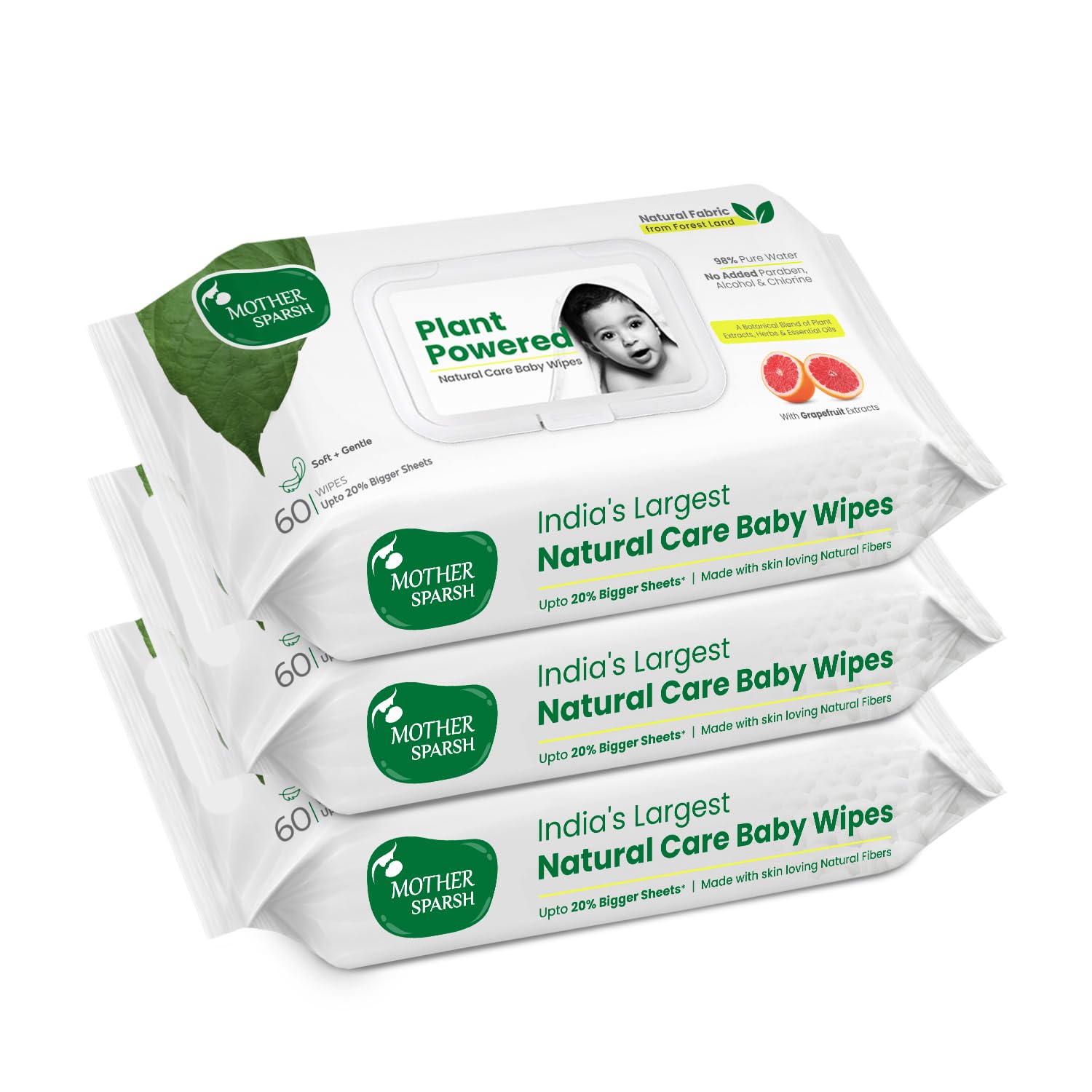 Natural Care Baby Wipes I 100% Plant Made Fabric From Forest Land | Gentle + Cleanse (with Grapefruit) Wet Wipes For Baby I Cotton Cloth Like Bigger Sheets | 60 Pcs (Pack of 3)