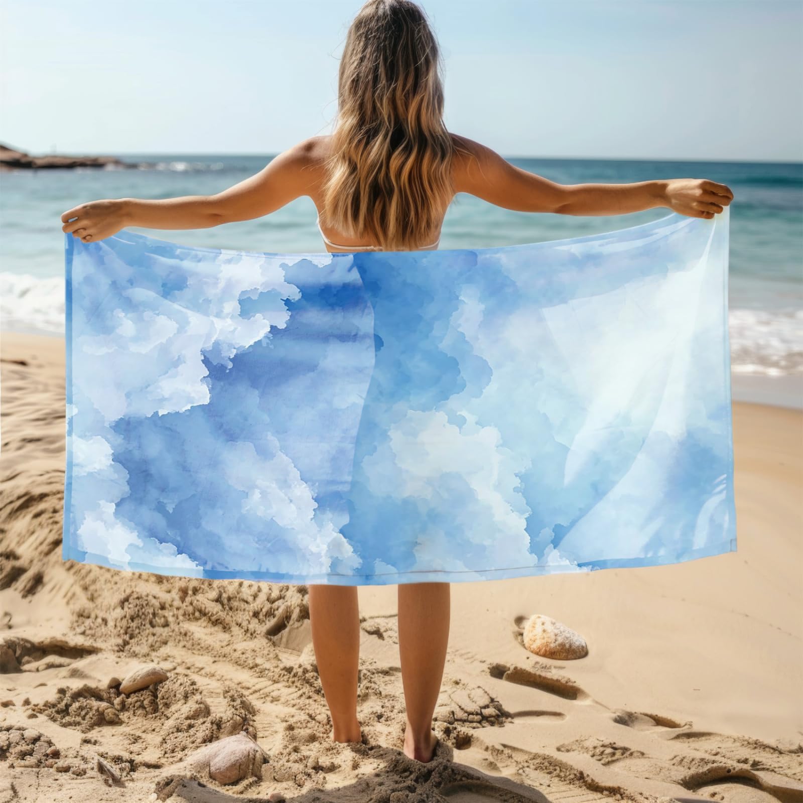 Genérico Toalla Playa 90X180 Azul Cielo Blanca