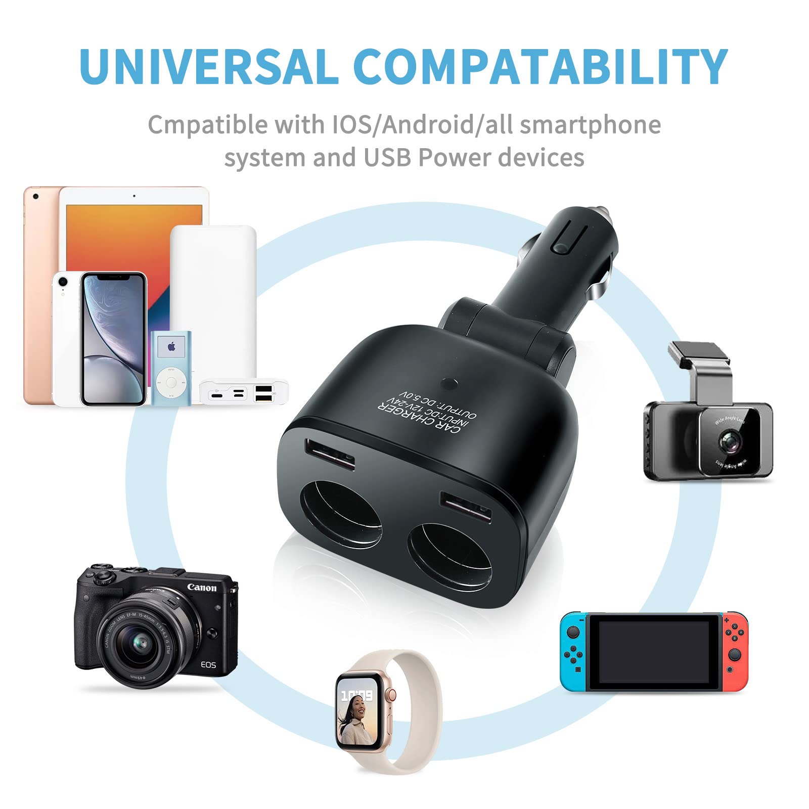 Caricabatteria da auto, adattatore per accendisigari da 112/24 V, splitter con doppia porta USB