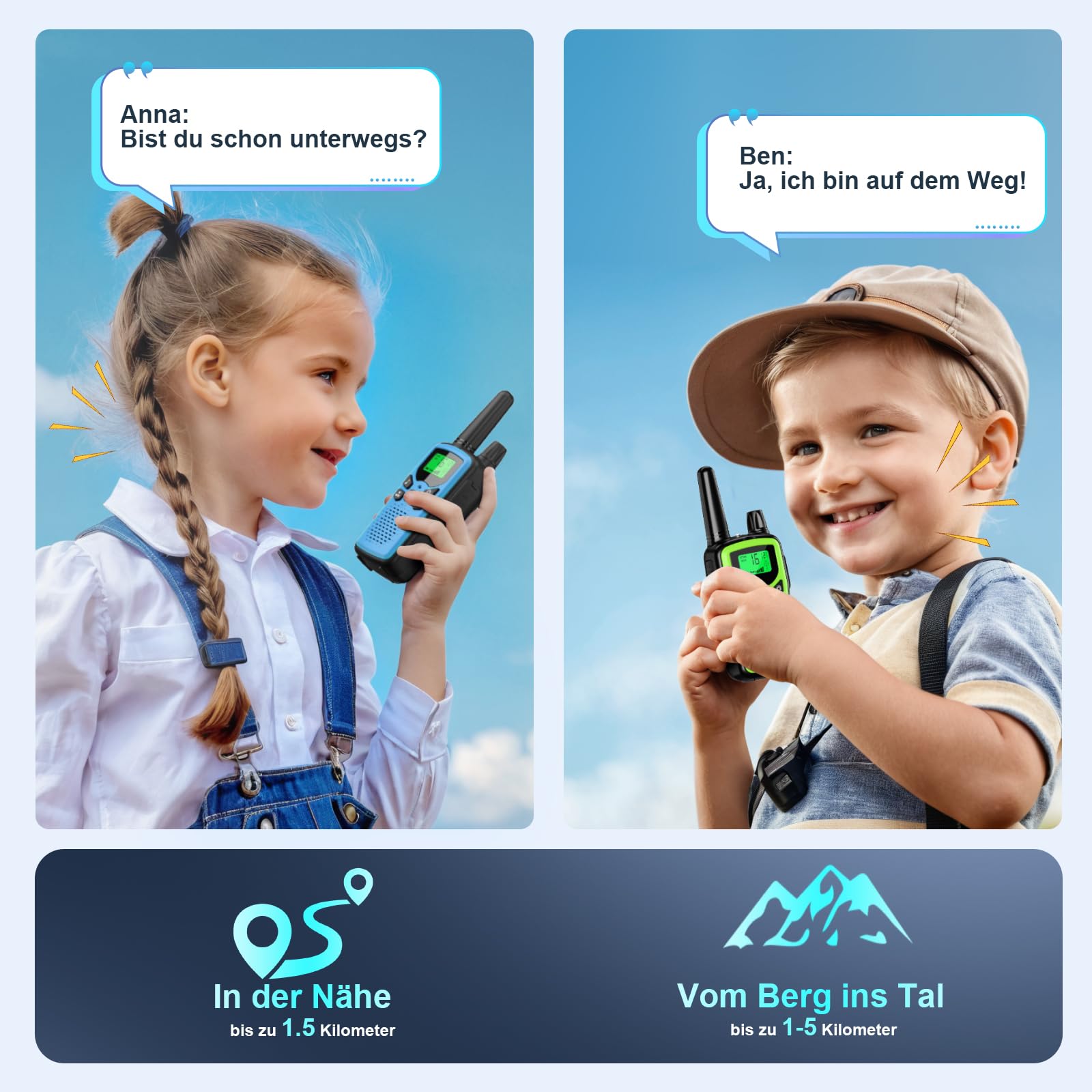 Walkie Talkie 3er Set Kinder Aufladbar, Rabigala Funkgeräte mit 5km großer Reichweite für Erwachsene, Li-ion Akku, VOX Freisprecheinrichtung, Taschenlampe LED, LCD