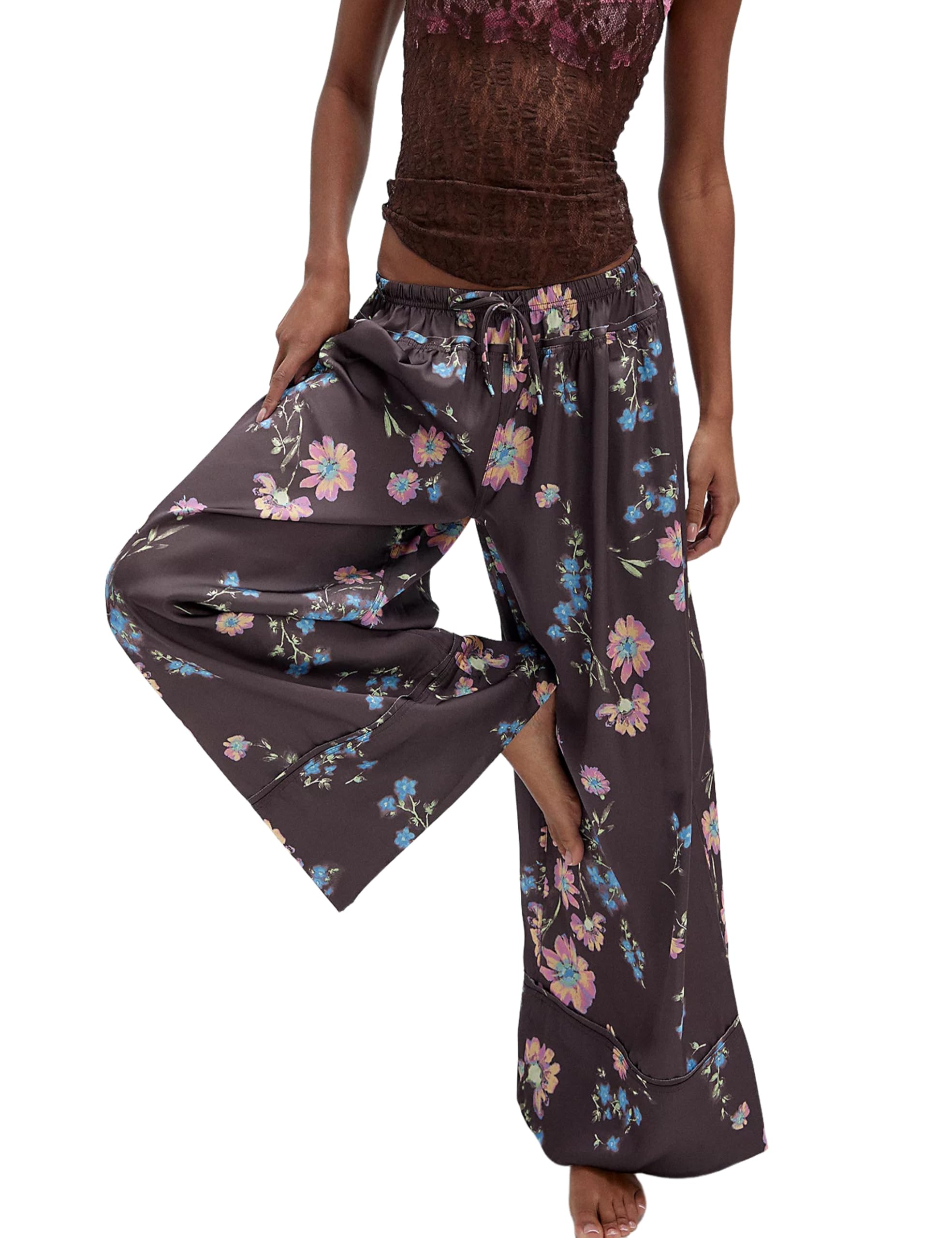 SKIKYAN Women Summer Casual High Waist Wide Leg Pants Floral Print Palazzo Pant Flowy Lounge Beach Trousers with