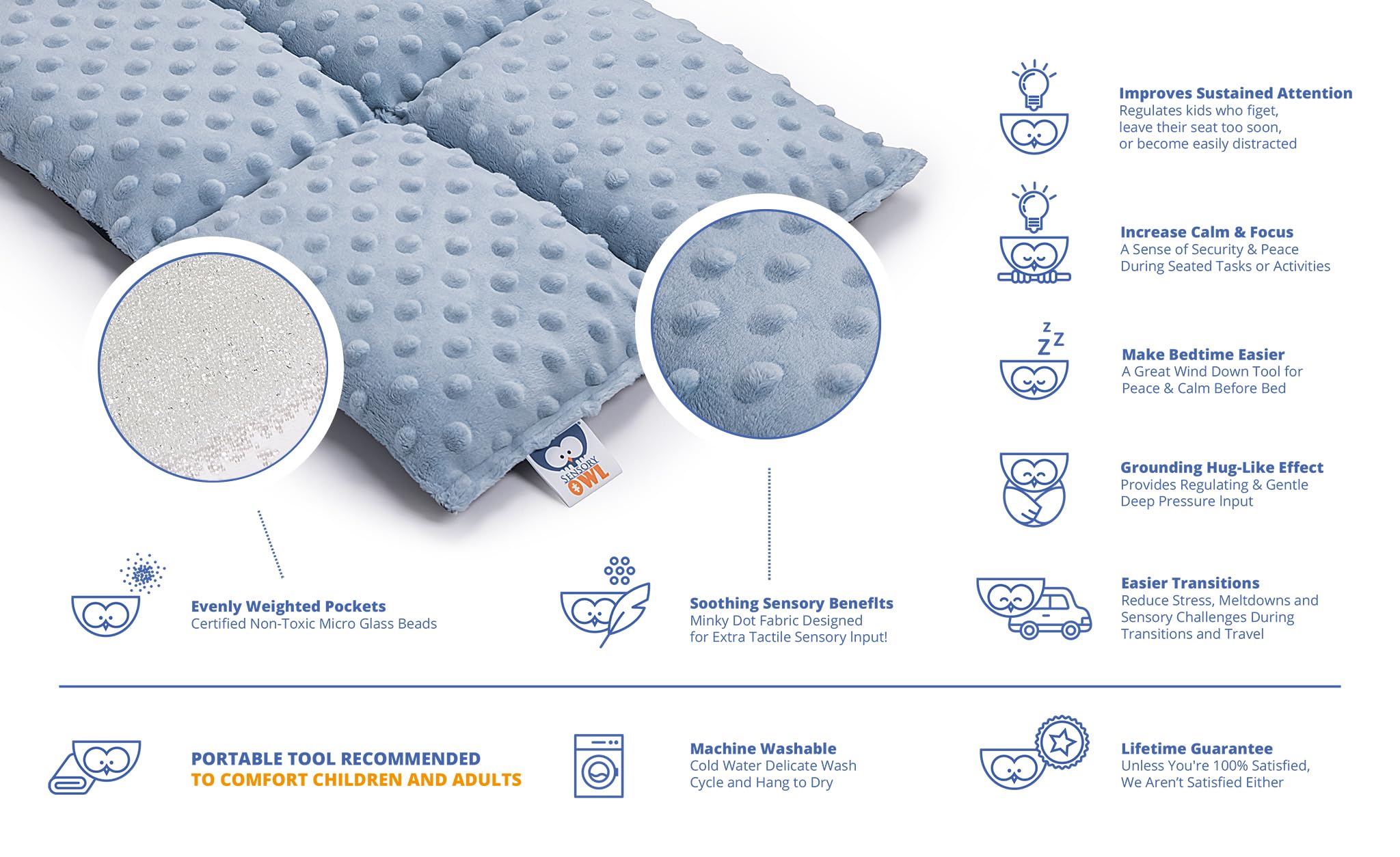 Sensory Owl Weighted Lap Pad With Soft Plushy Side Sensory Pillow For Children And Adults To Relive Stress Anxiety Self-Calming Relaxing 30 x 40 cm 4kg Navy - Image 4
