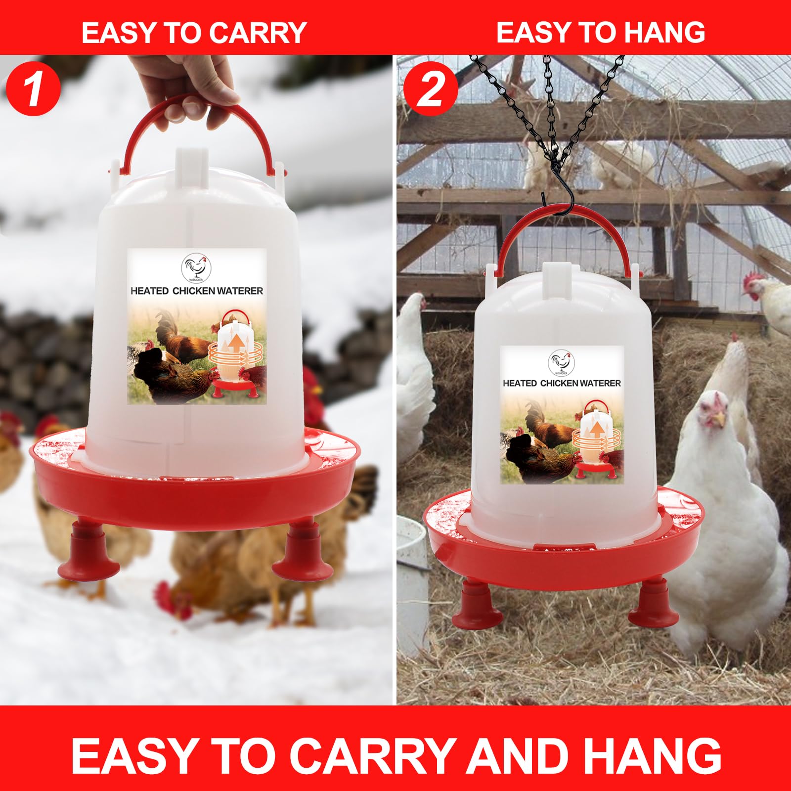 WISMOIER Heated Chicken Waterer - 35W Constant Temperature Heated Plastic Poultry Fountain with 2 Adjustable Heights - 6L Poultry Waterer for Chicken Coop Accessories in Winter