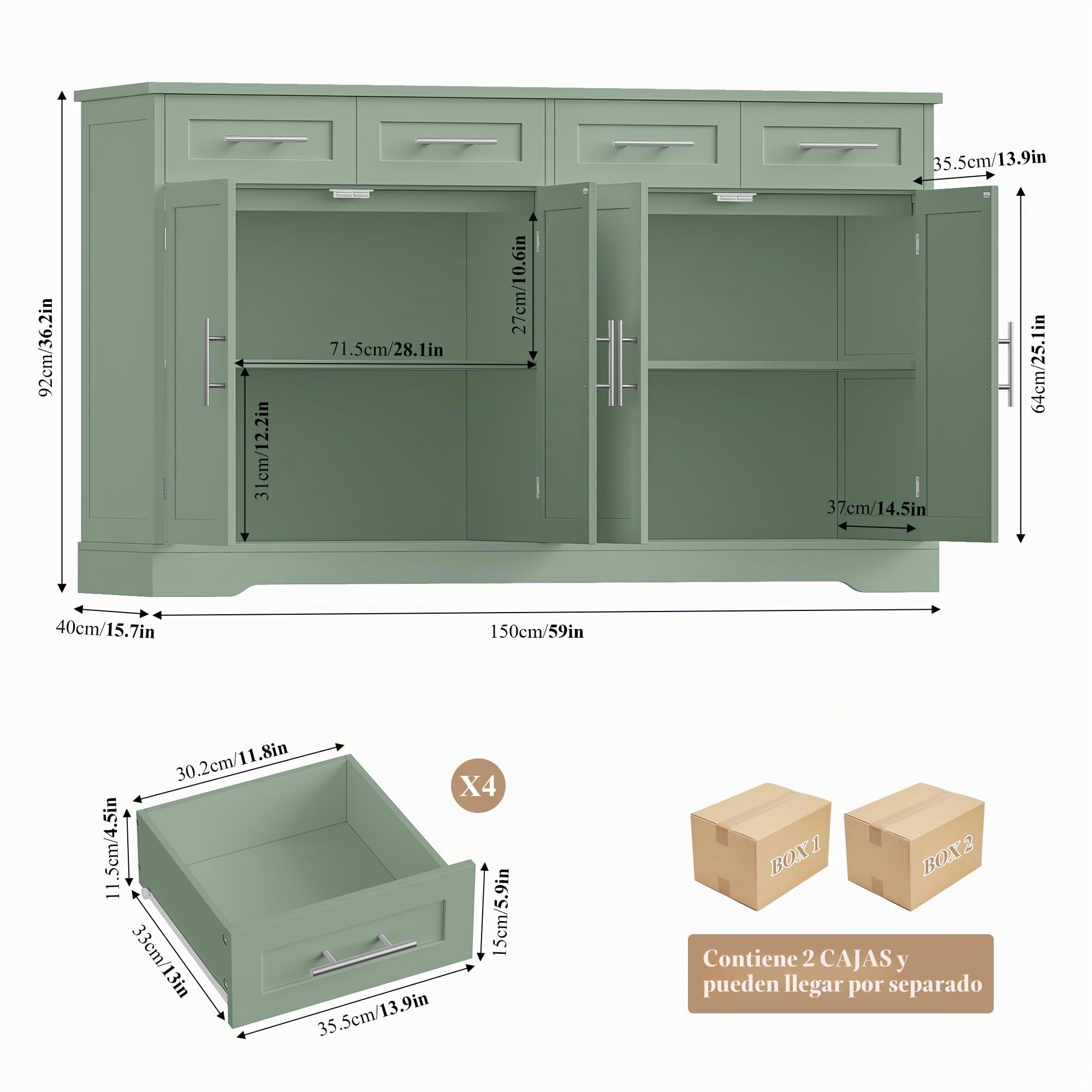 HOCSOK Aparador, 150 cm de ancho, armario de cocina con encimera, tablero