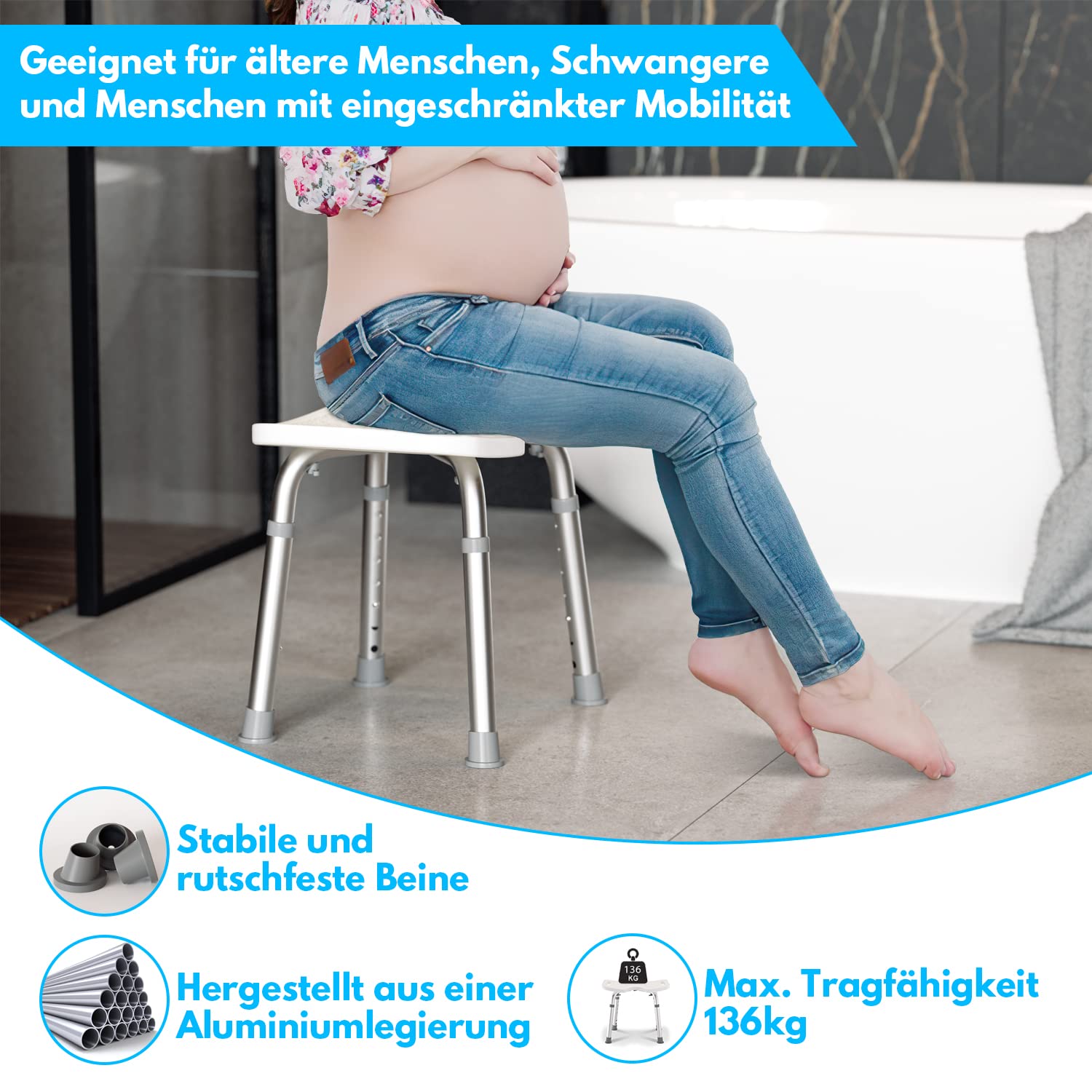 Taboret prysznicowy, krzesło prysznicowe z regulacją wysokości 41-56 cm, taboret łazienkowy, typ U, siedzisko prysznicowe dla seniorów i kobiet w ciąży, antypoślizgowy, do 136 kg