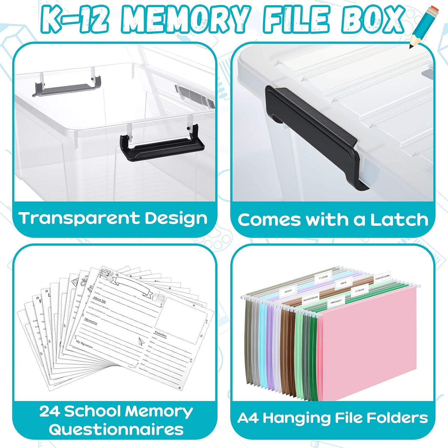 School Memory Box Organizer K-12 Memory Book School Years Keepsake Organizer with 24 Different Stages Memorys Questionnaires 24 Colored File Folders 2 Labels for Kids Storage Pictures File Keeper