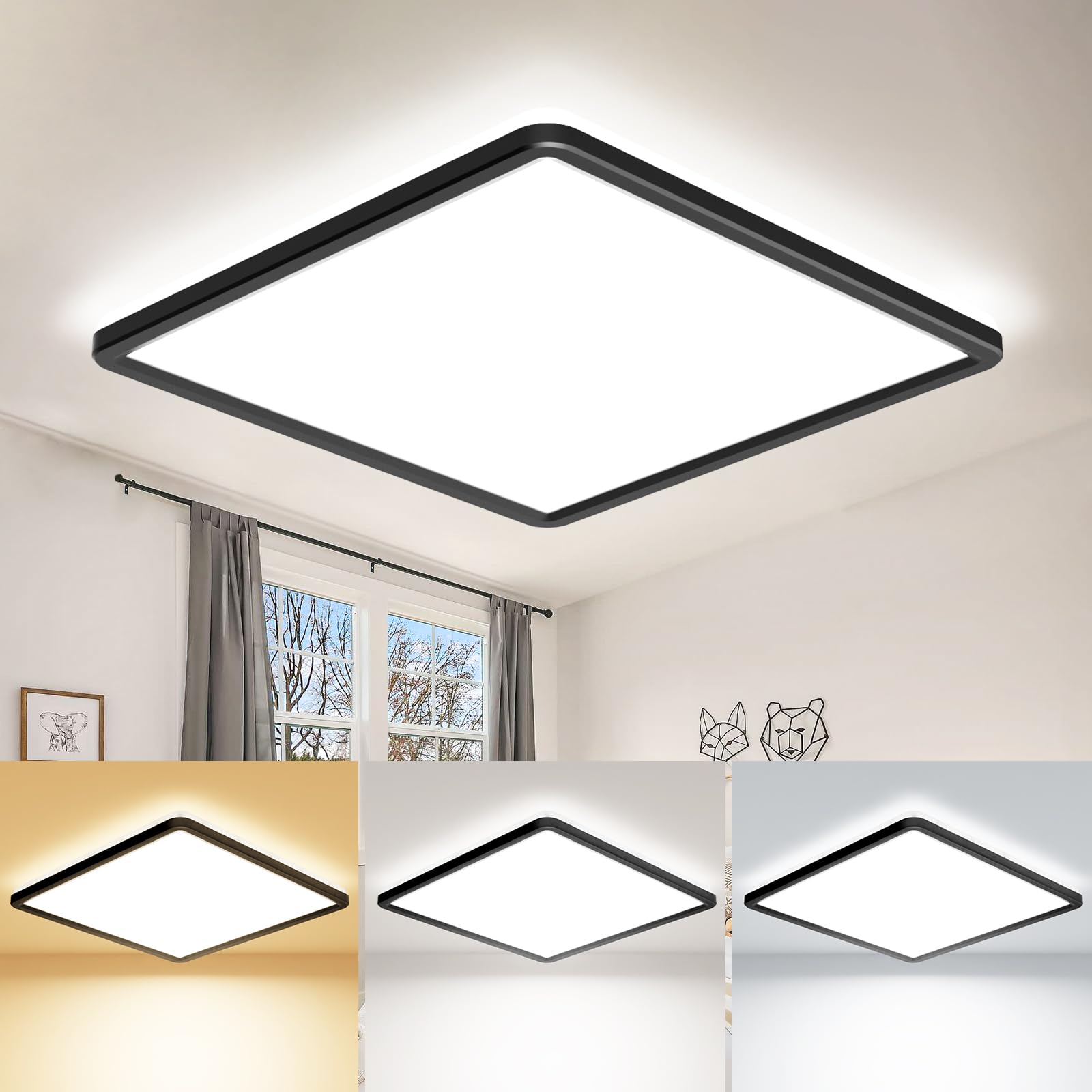 zemty 22CM Black LED Ceiling Lights, 3000K/4000K/6500K Waterproof Bathroom Light, 18W 1950LM Modern Square Flush Ceiling Lighting Fixture for Kitchen Hallway Bedroom Porch Toilet [Energy Class E]