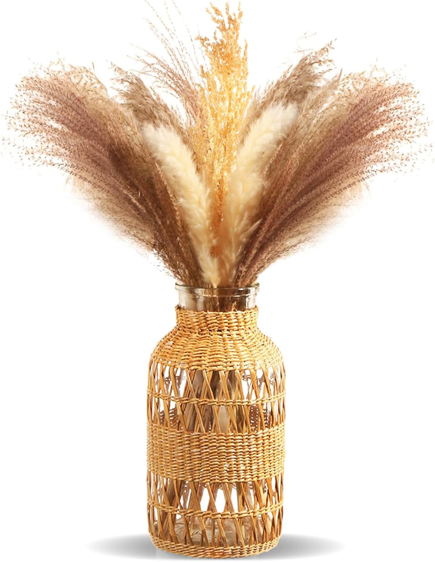 Excefore Rustic Farmhouse Vase, Hand Woven Boho Glass Vase for Home Decor, Artistic Decorative Dried Pampas Flower Vases for Bookshlef Living Room Table Centerpiece, NOT Include Pampas Grass