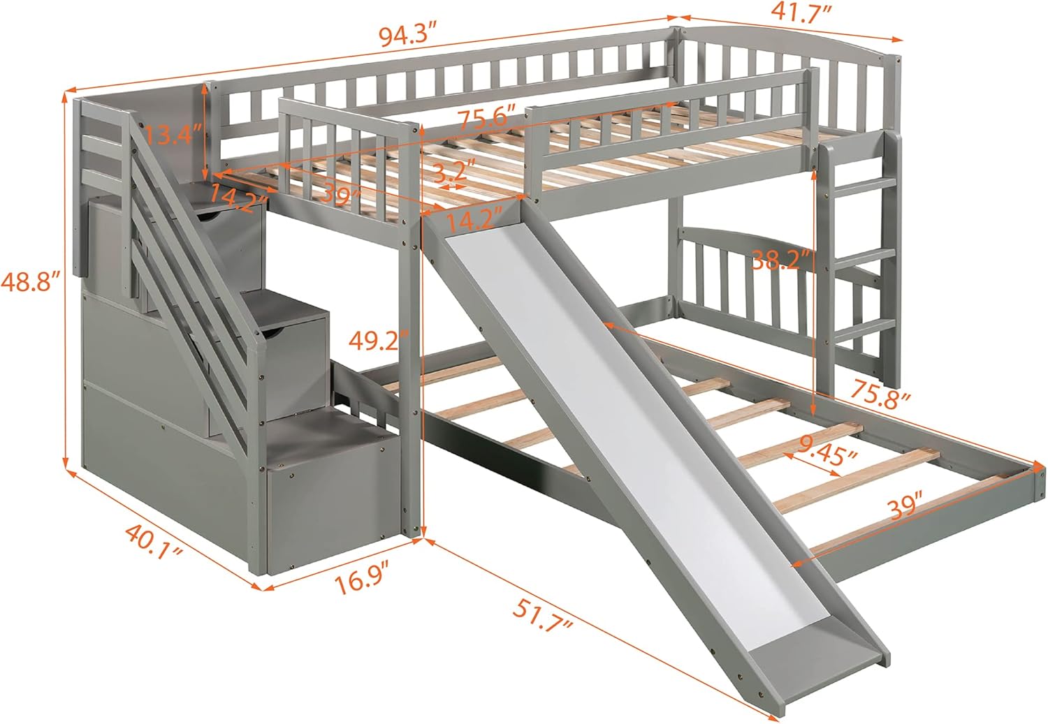 Stairway Bunk Bed with Slide, Two Under-Bed Drawers, Convertible Ladder & Staircase, Full-Length Guardrails, Pine Wood Frame, Plywood Slats, Space-Saving Design (Grey,Twin)