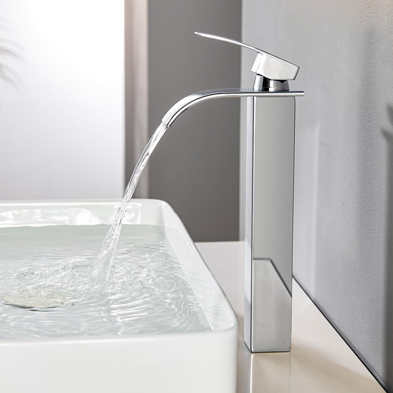 CECIPA Alto Rubinetto Bagno Lavabo Cromo a Cascata, Miscelatore Lavabo Bagno, Miscelatore per Bagno in Ottone e Acciaio Inox, altezza del beccuccio 245 mm