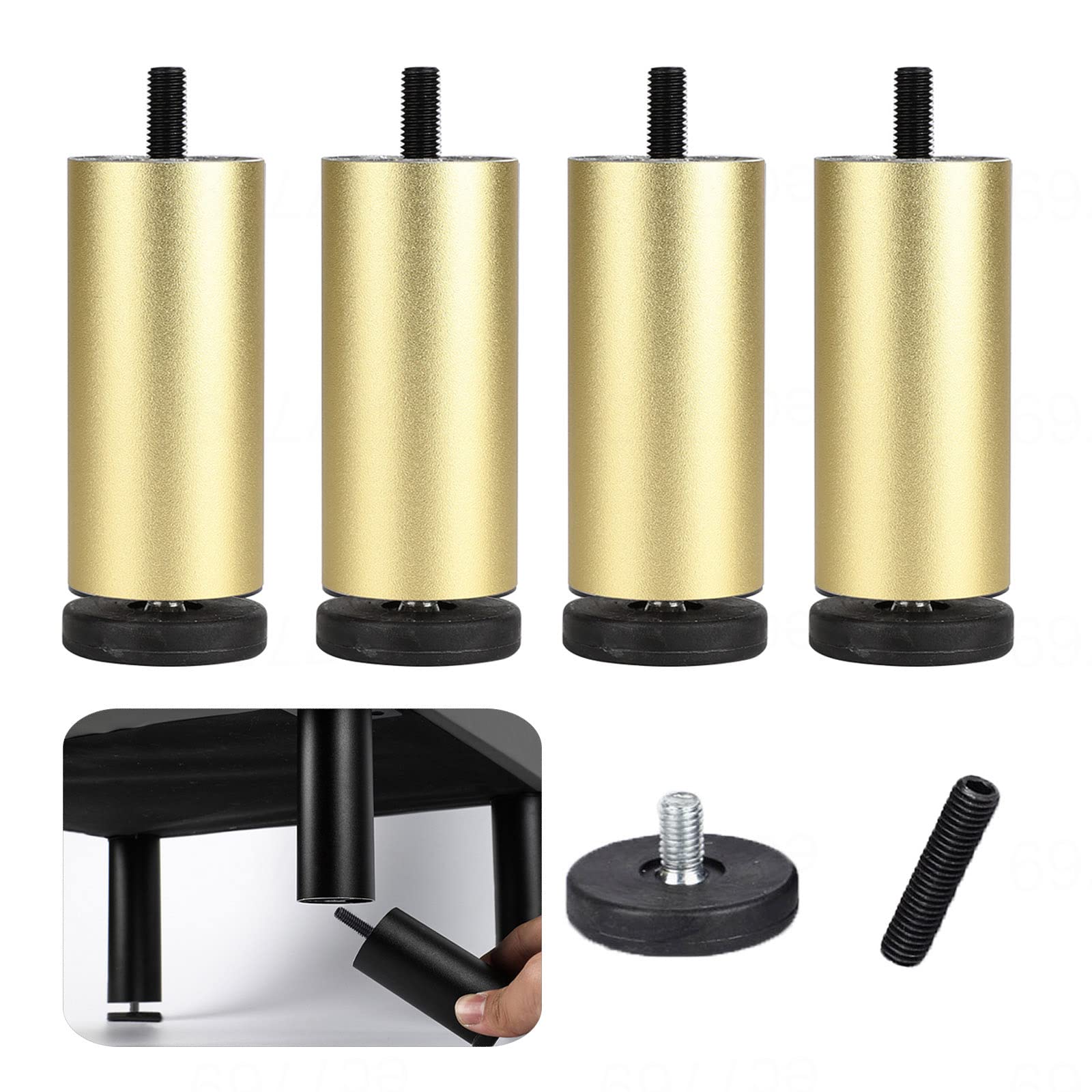 KGUDYS Metal Sofa Legs, Aluminum Alloy Furniture Legs, 4-Pcs Cylindrical Support Legs, 6/10/15/20/25/30cm Thickened Replacement Furniture Legs Armchair Cabinet Feet, M8 Bolts,Gold-12cm/4.7in