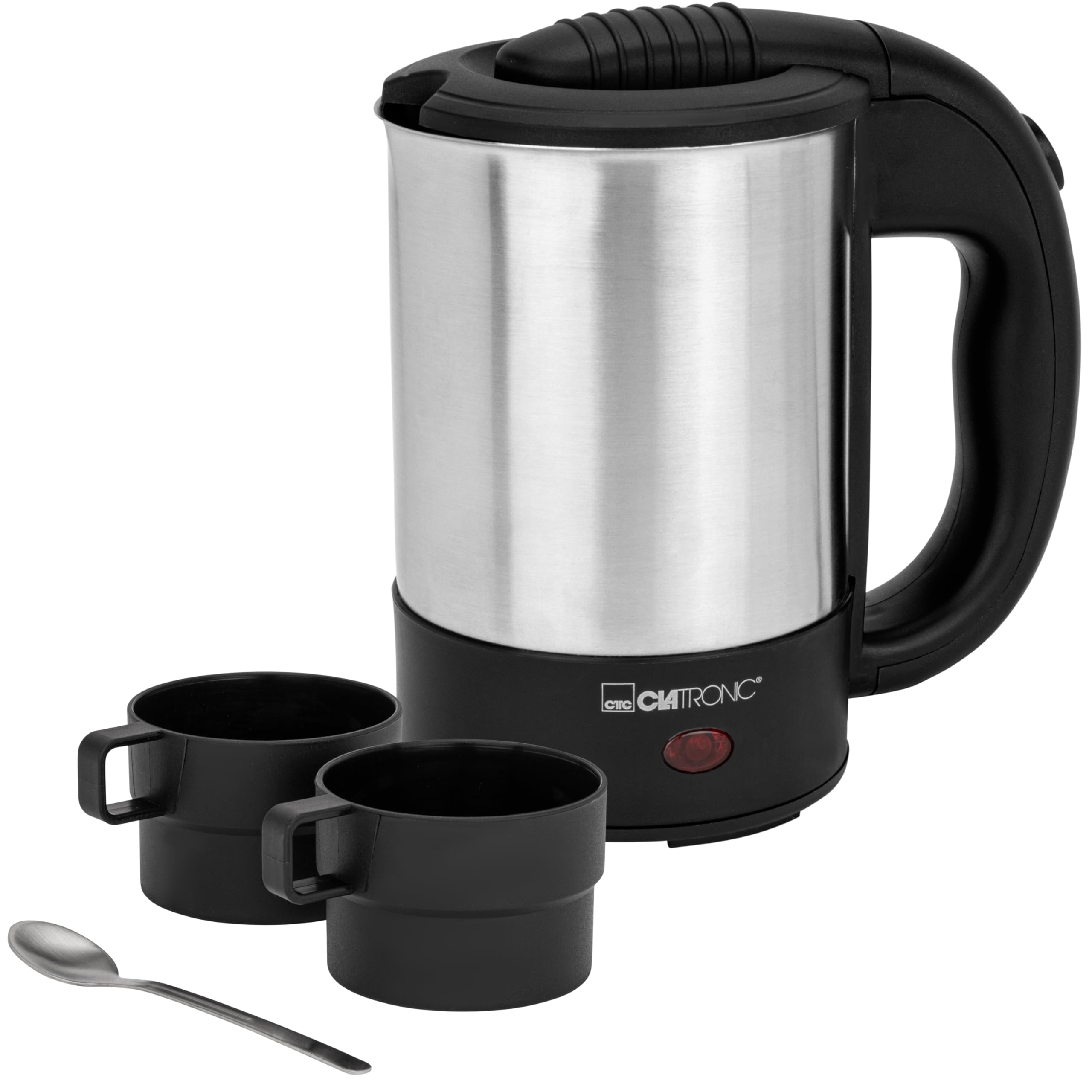Clatronic WKR 3624 travel kettle, capacity up to 0.5 liters, ideal for travel, camping and on the go, incl. 2 cups of 170 ml, transport/travel bag and coffee spoon, stainless steel/black