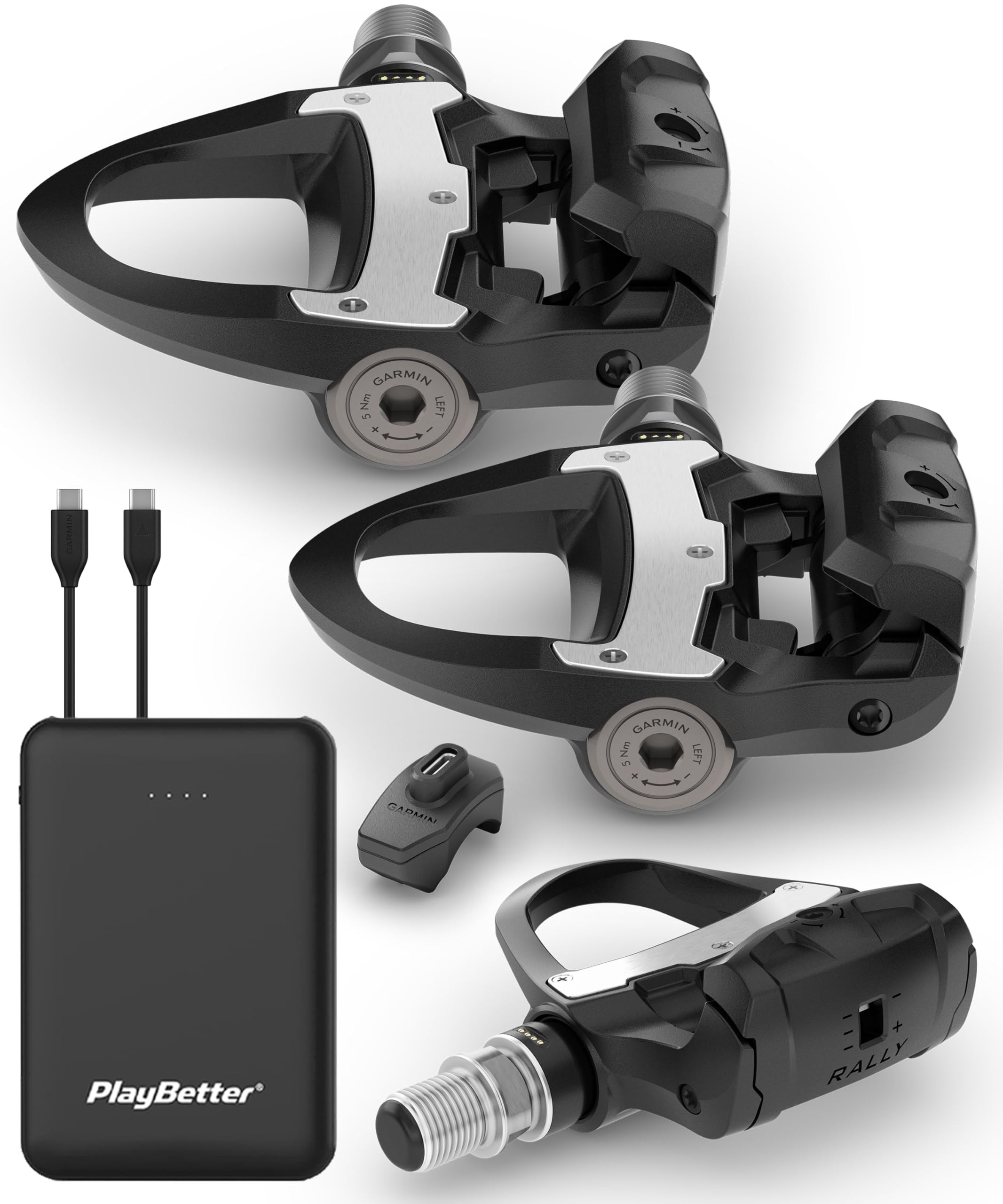 Garmin Rally RS210 Power Meter Pedals PlayBetter Portable Charger Bundle