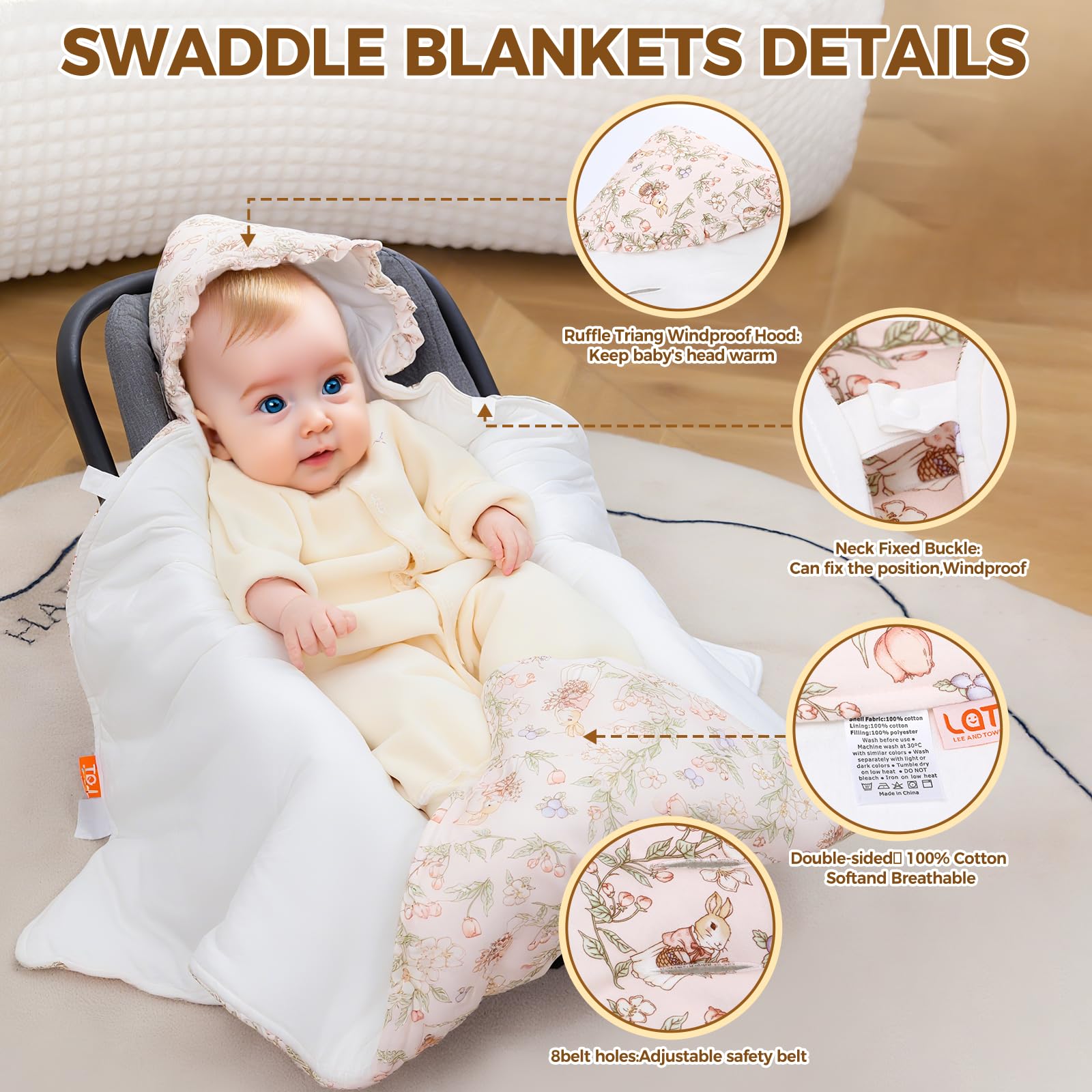 LAT Einschlagdecke für Babyschale, 90 * 90CM Universal Babydecke für Neugeborene, Kuscheldecke mit Kapuze Babydecke für Kinderwagen Buggy Autositz (Kaninchen und Blumen)