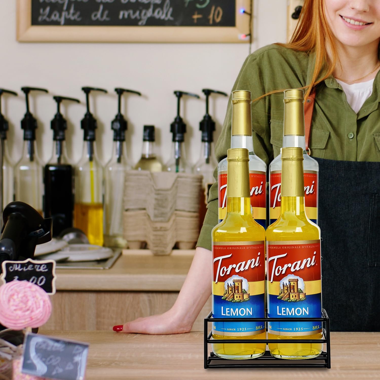 Estante para jarabe de café (capacidad para 4 botellas), organizador de jarabe de café para cafetería, cocina. Estante pequeño para vino para bar, familia, almacenamiento para jarabe, vino, 7