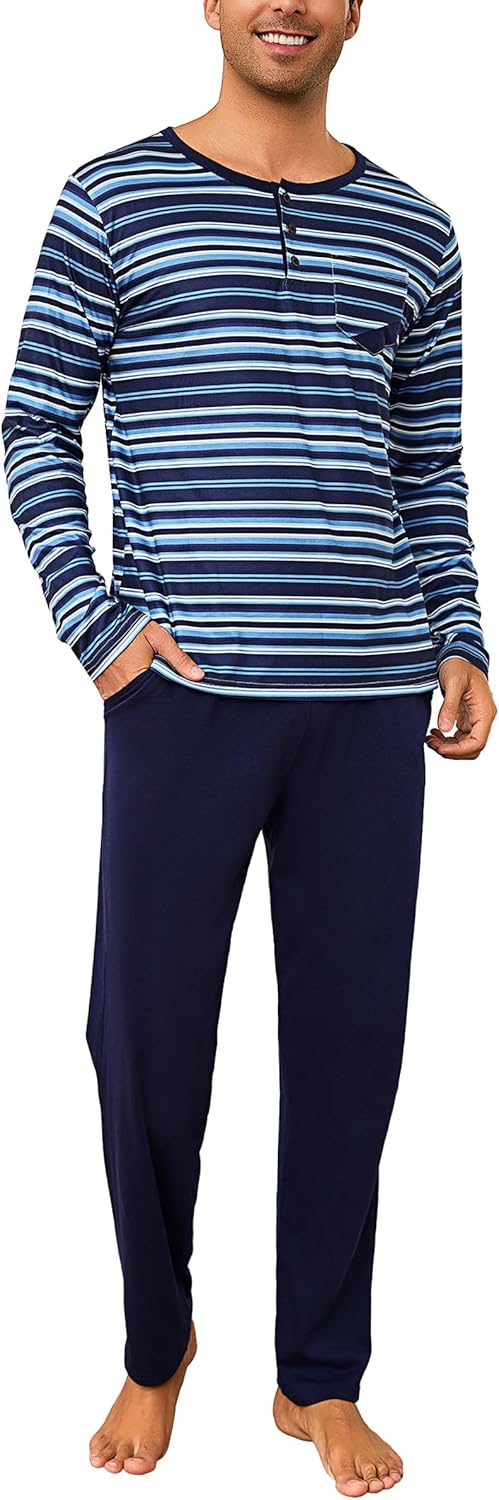 Reliwel Heren Pyjama Lange Katoenen Tweedelig Pyjama Heren Winter Nachtkledingset Nachtkleding Huispak Lange Mouw Shirt & Pyjamabroek, Streepontwerp