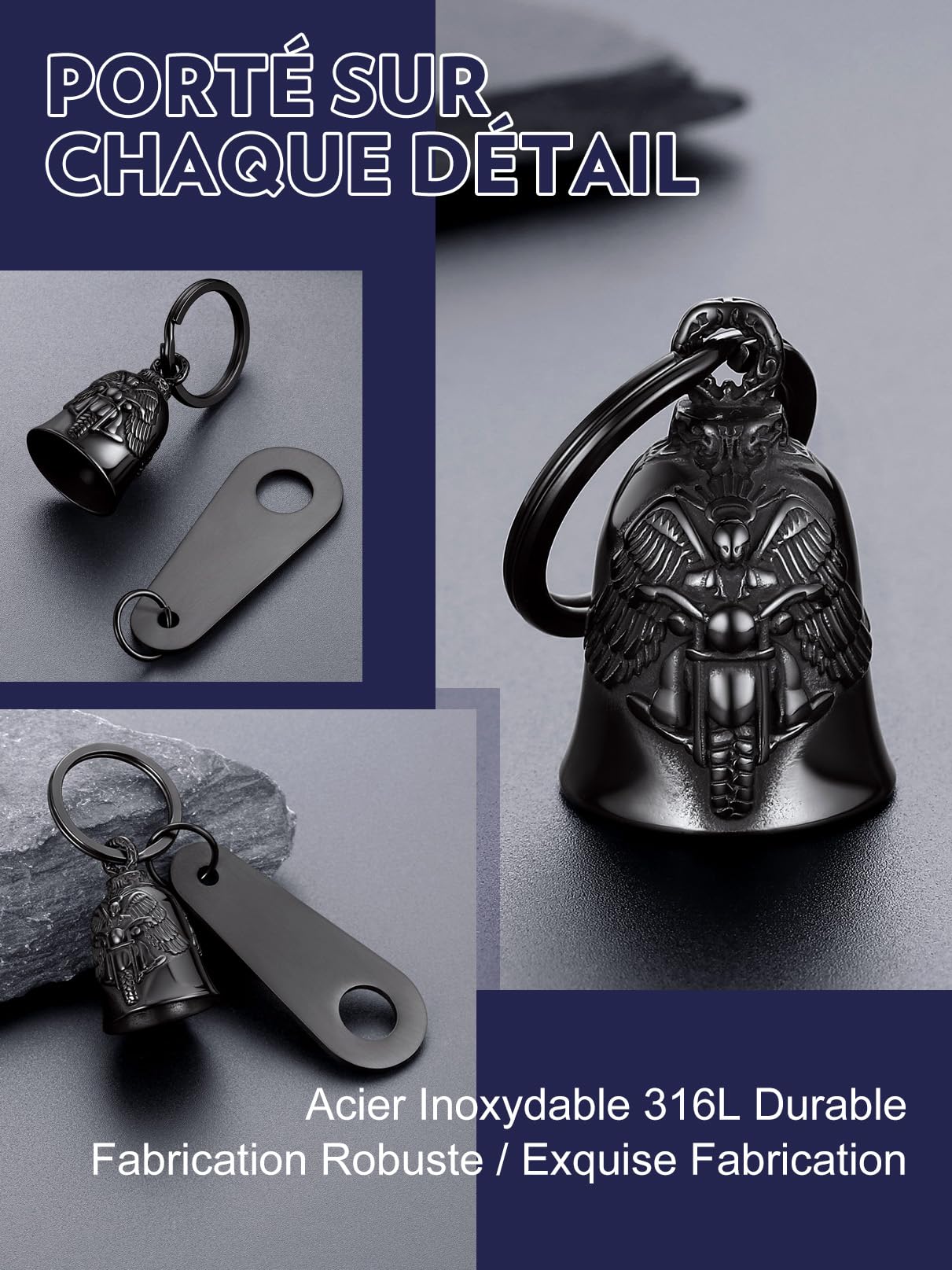 Bandmax Clochette Moto Porte Bonheur en Acier Inoxydable, Cloche de Moto Ailé à Motif d'Ange, Viking, Boussole, Marteau, Celtique, Crâne, Guardian Bell