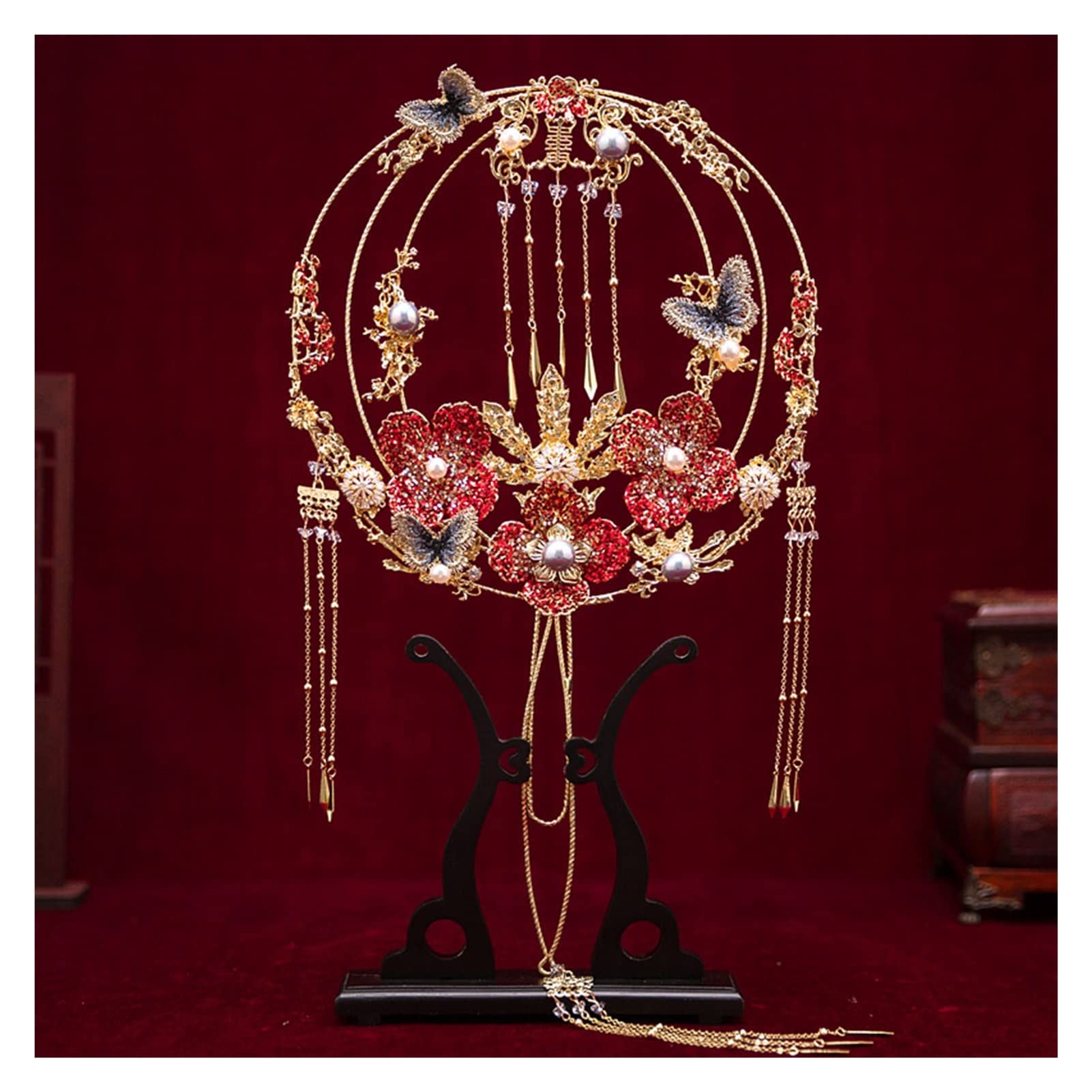 Gold Crystal Bride Fan Golden Flowers Wedding Bouquets Chinese Style Hand Bouquet For Xiu Wo Dress