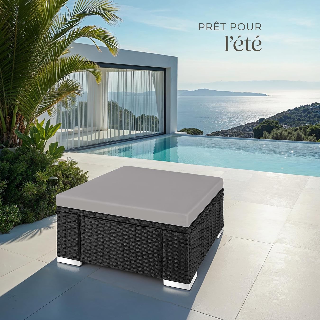 tectake® Tabouret Repose Pied Pouf Salon extérieur Table Basse pour Salon de Jardin Exterieur en Résine Tressée, Pouf avec Coussin imperméable pour Amenagement Balcon Terrasse