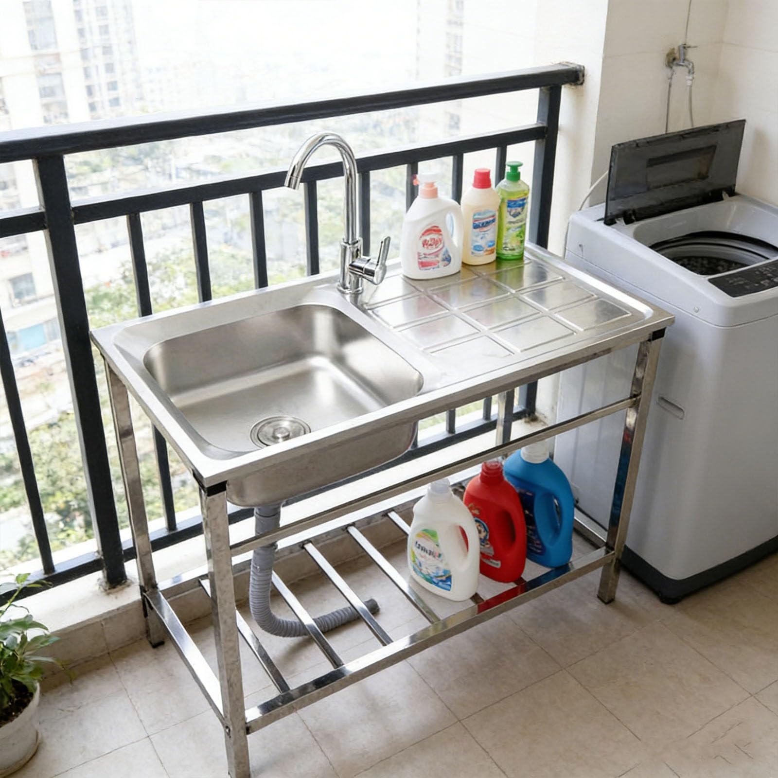 Fregadero Exterior Jardin Acero Inoxidable con Patas Fregadero Portatil Camping Fácil De Limpiar con Grifo Y Soporte Fregadero Comercial para Lavandería Cocina Al Aire Libre