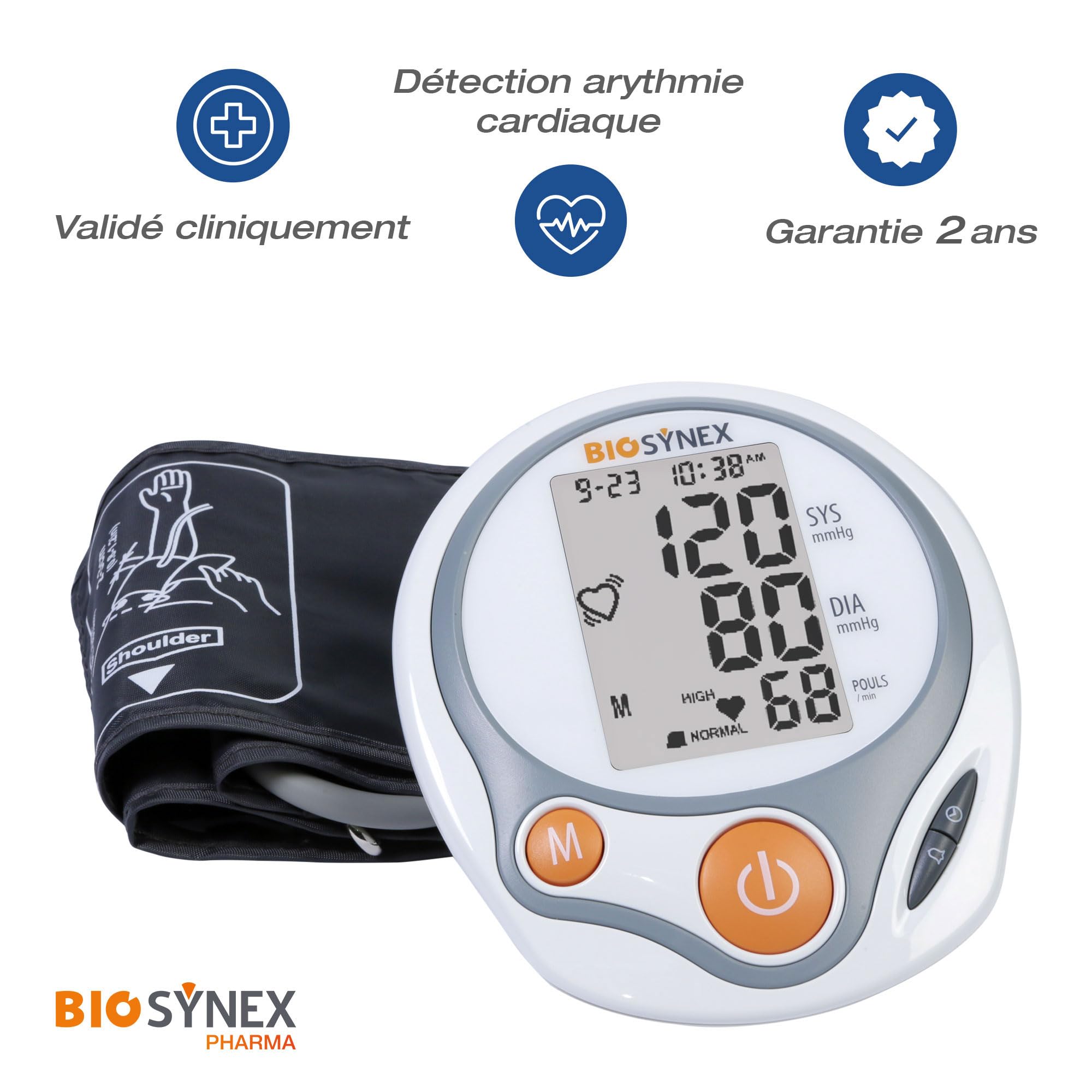 BIOSYNEX - Elektroniczny mankiet ciśnienia krwi - pomiar ciśnienia krwi i tętna - wykrywanie arytmii - nadciśnienie - zatwierdzony klinicznie (opaska na ramię)