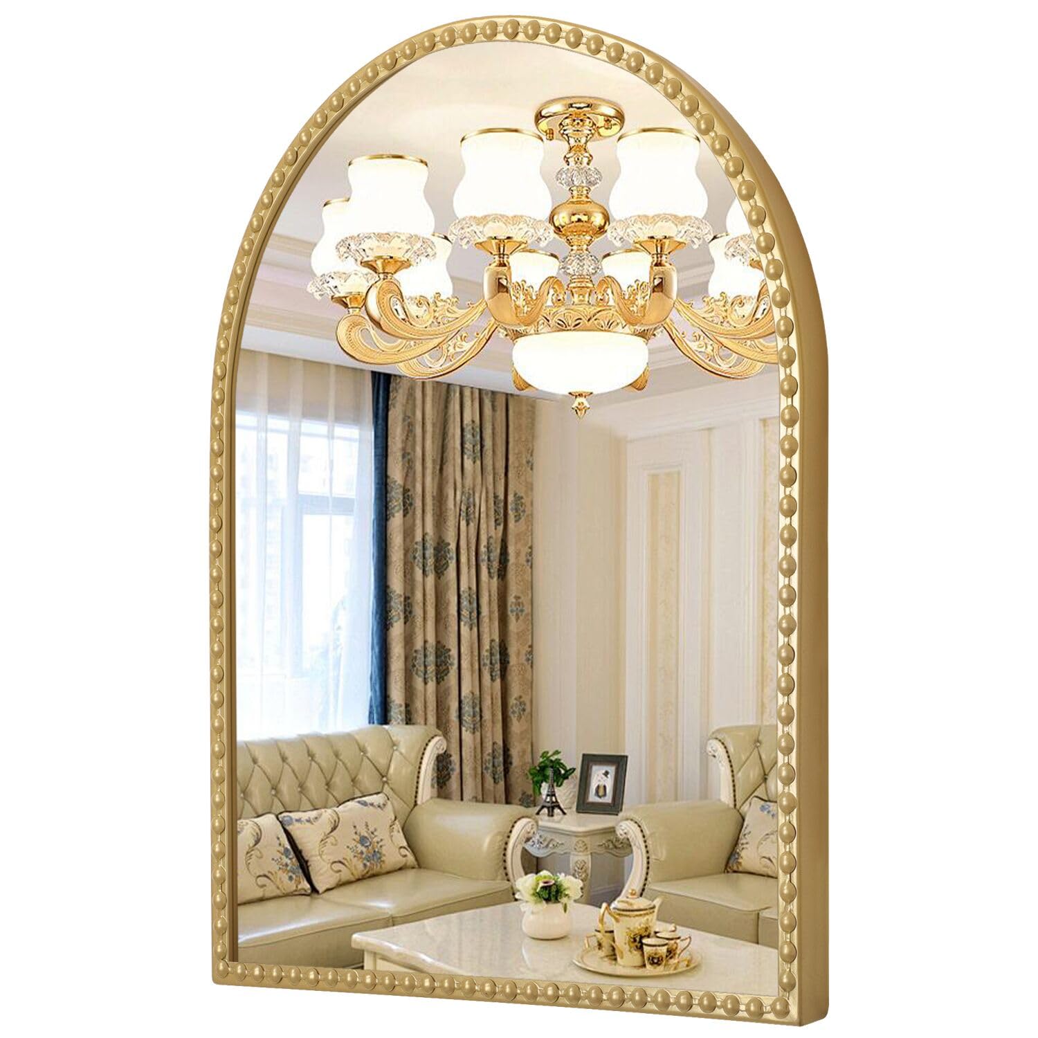 Hlfmvwe Gold Large Arch Wall Mirror, 45 X 65Cm Arched Mirrors For Bathroom, Vintage Metal Beaded Frame Decor Mirrors For Bedroom Accent Living Room Vanity Entryway