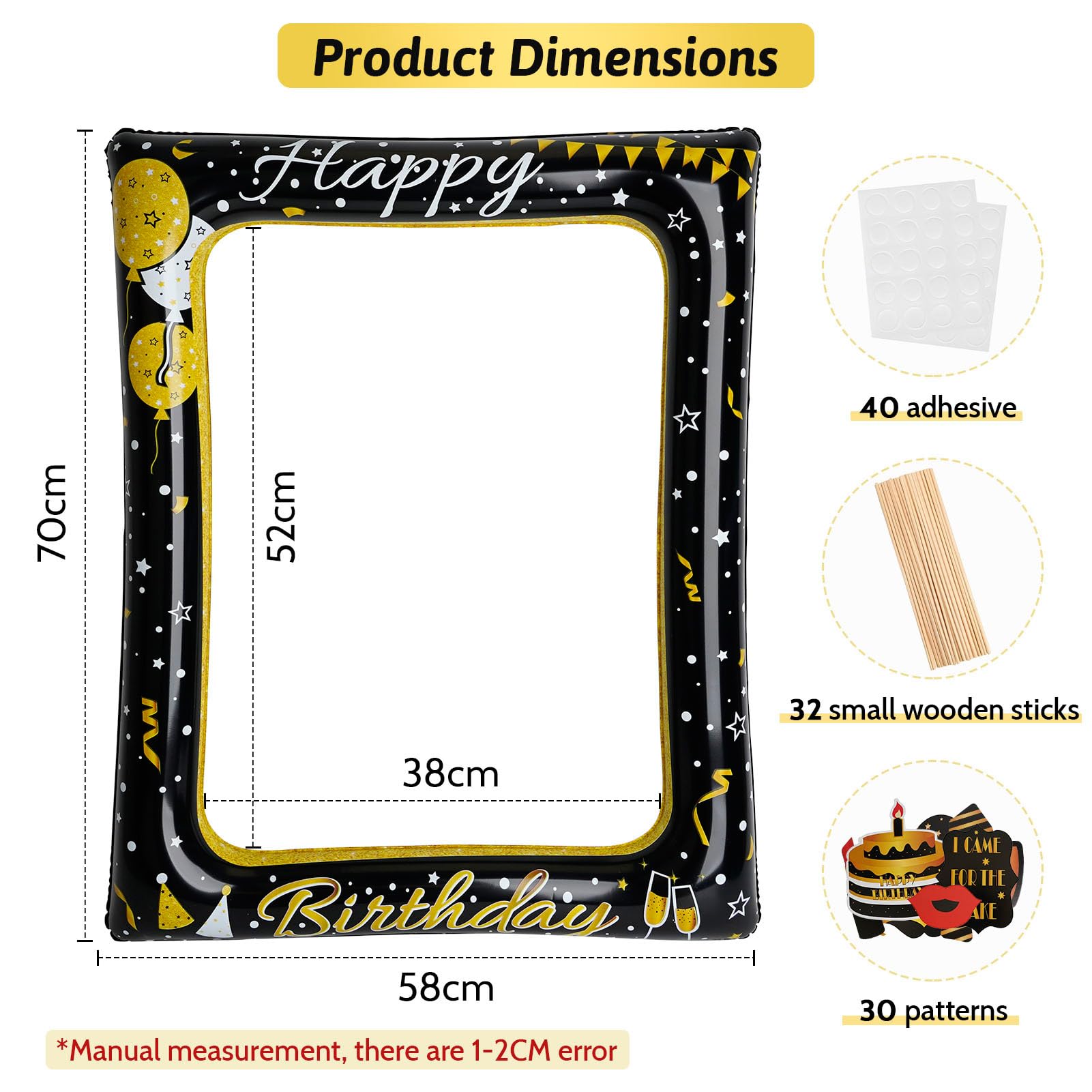 Hysenm - Kit 31 Pièces Cadre Photo Gonflable Anniversaire Or Noir - Accessoires Photobooth Selfie