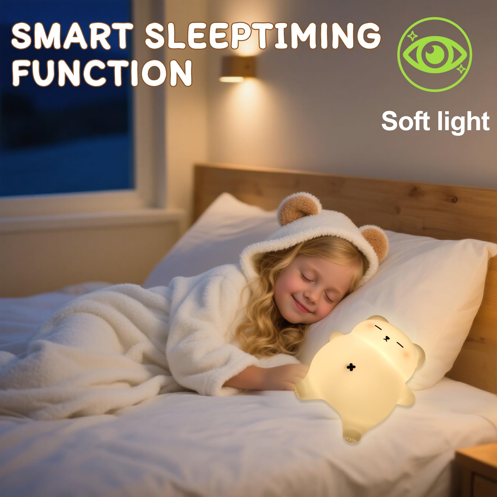Bären-Nachtlicht für Kinderzimmer, wiederaufladbare weiche Silikon-Nachtlampe mit 3-stufigem Dimmen, Touch-Steuerung, 30-Minuten-Timer & beruhigendem Schnarchgeräusch, beweglicher Bauch, niedlicher
