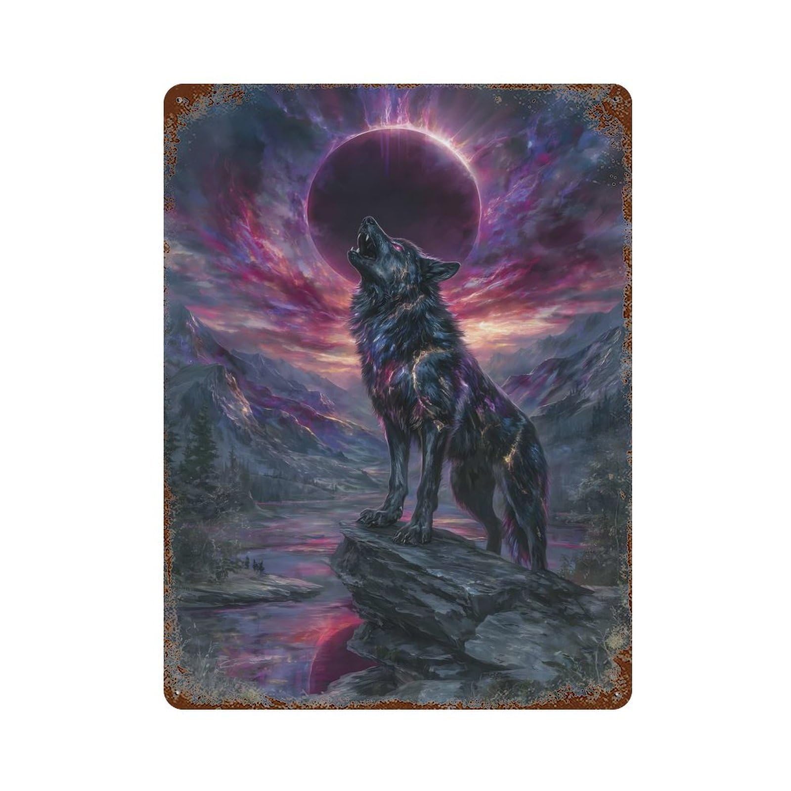Howling Wolf Eclipse Fantasy Art Vintage Wall Sign 15.7"x11.8", Rust Effect Metal Decor for Basement, Hobby Room And Garage Decor