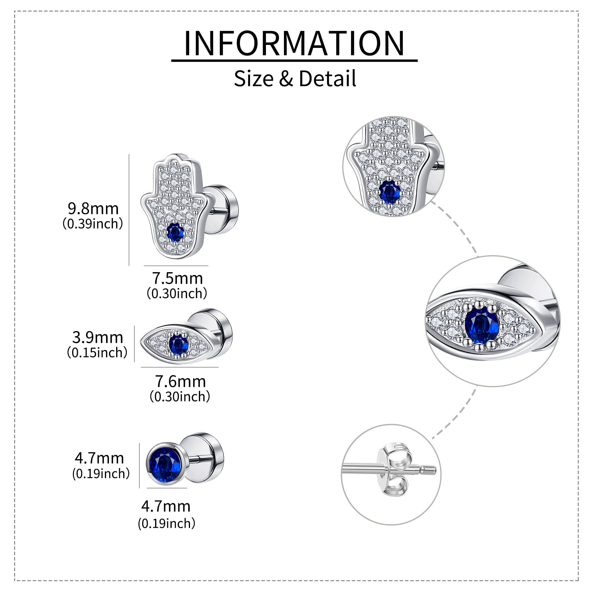 Pendientes de mal de ojo Plata 925 Nazar Eye Studs Cierre plano Mano de Fátima Flatback Studs Evil Eye Jewelry