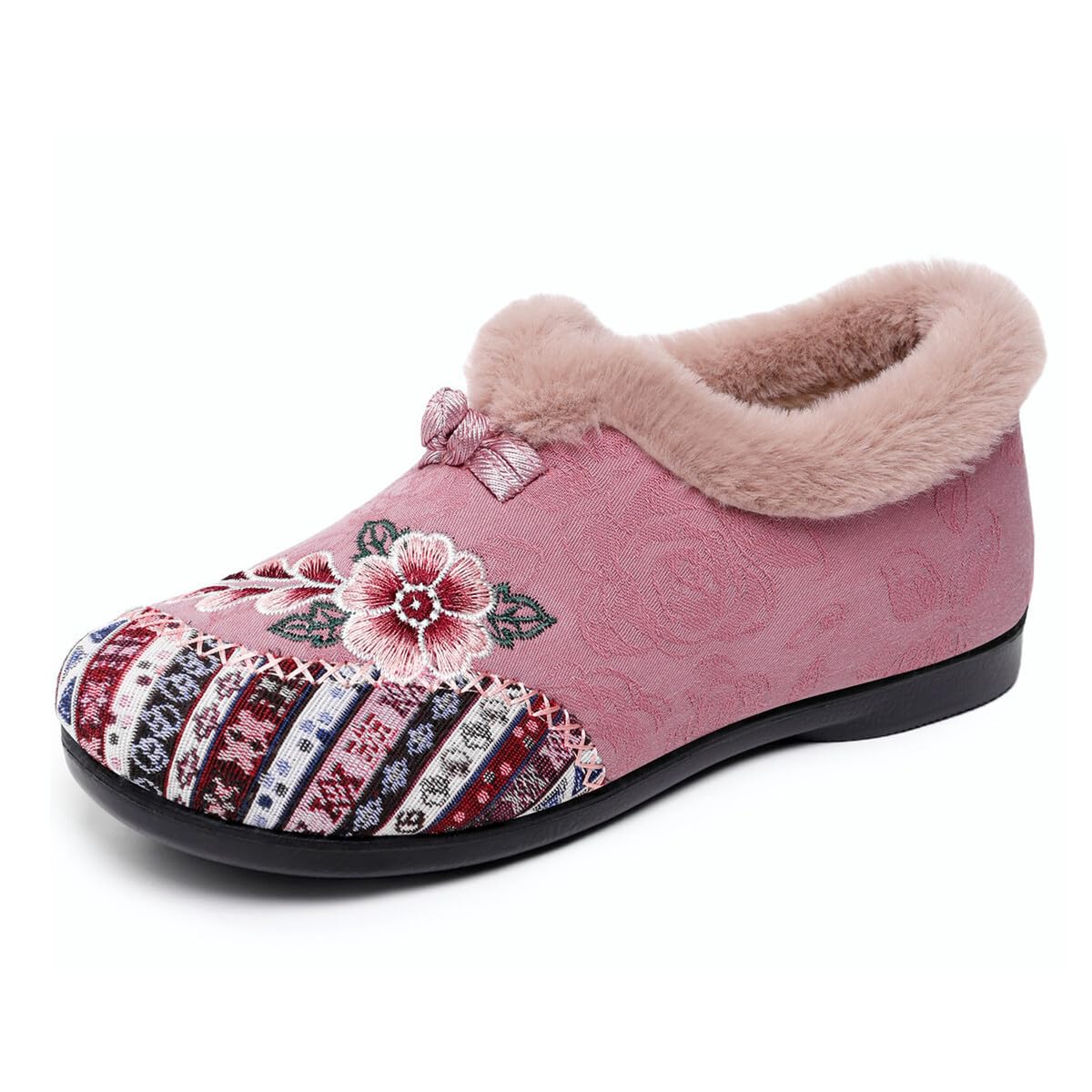 Womens Chinese Style Embroidered Fur Lined Winter Shoes Warm Slip On Canvas Ankle Booties Comfortable Soft Sole Casual
