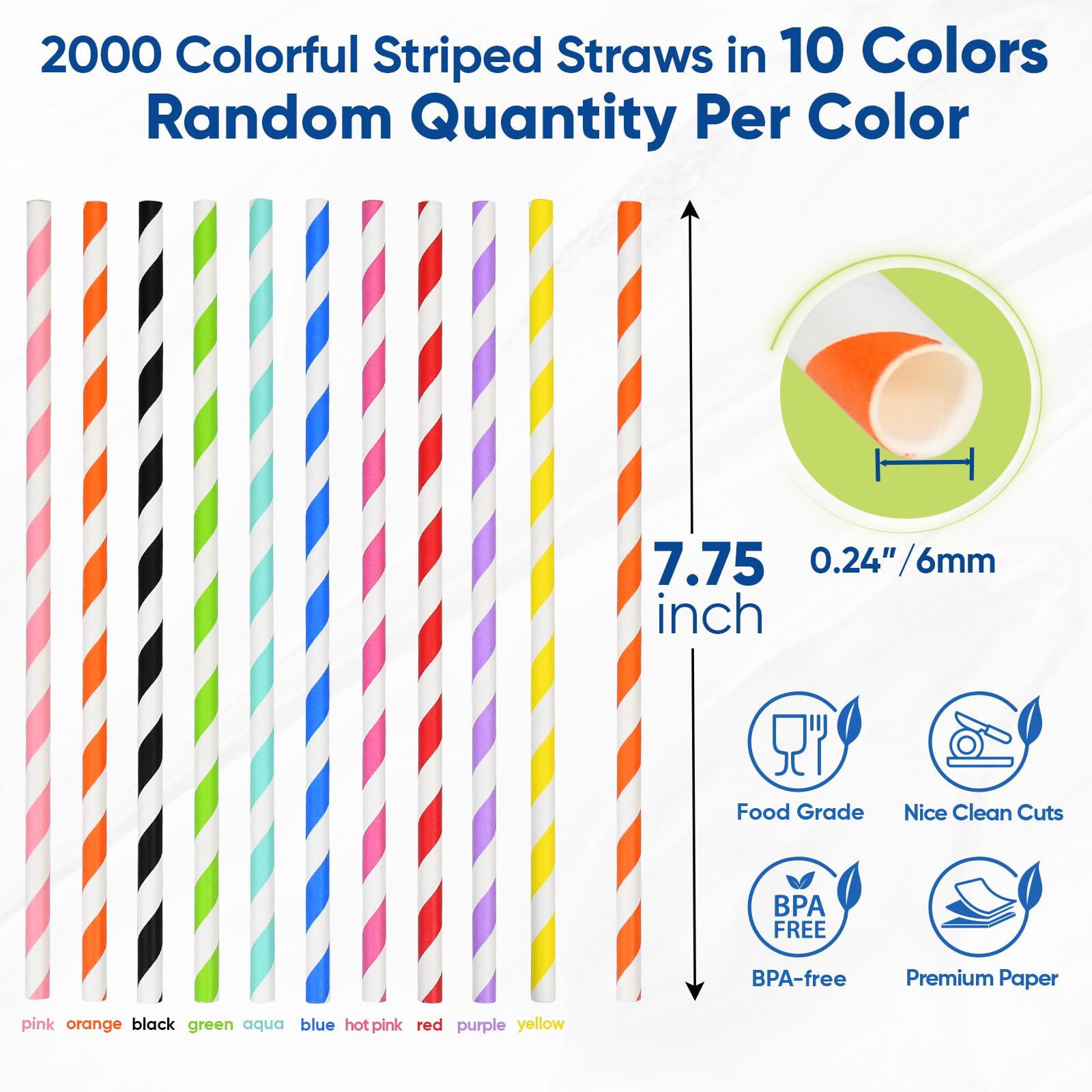 Pajitas de papel desechables de 7.75 pulgadas a granel, 2000 unidades, 10 colores surtidos, ecológicos y compostables, para cócteles, fiestas de vacaciones, restaurantes, suministros de