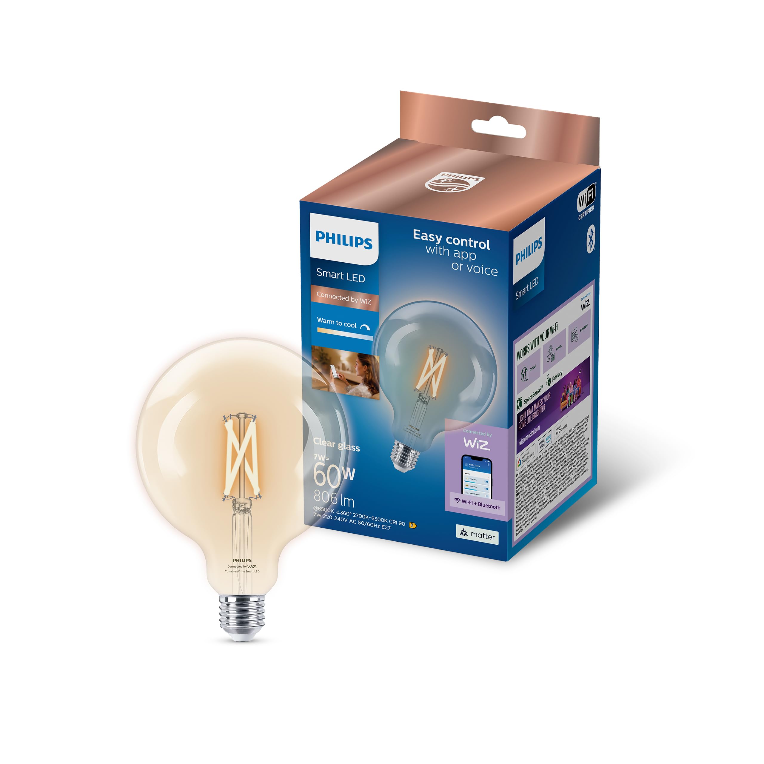 Philips Smart Lighting, Smart LED Filament G125 Bulb, E27 Base, 806 lm, Tunable White Light 2700-6500 K, Low Dimming, Connected by WiZ, Alexa, Google Home, Apple Home