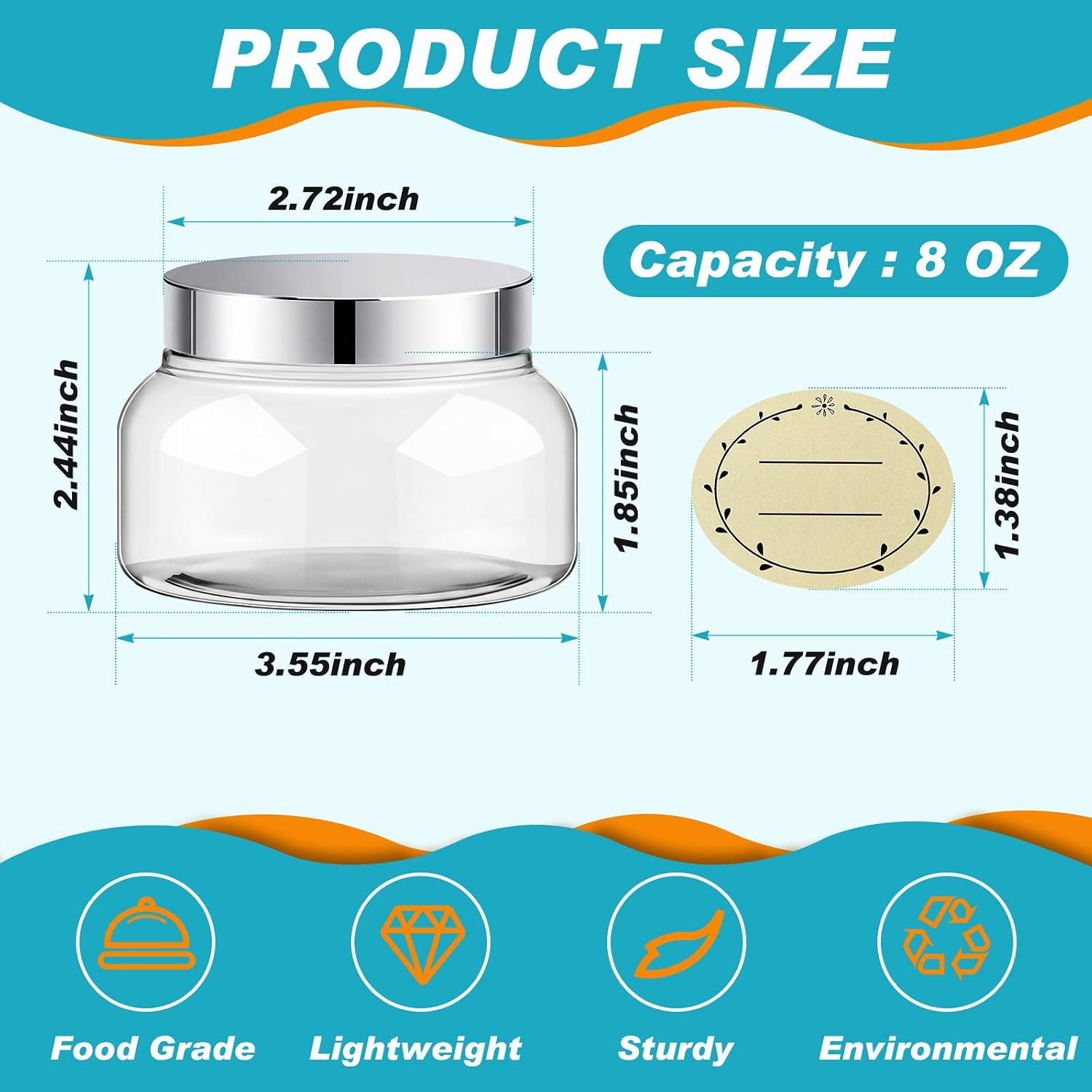 Plastic Containers with Lids Labels,8 oz,Clear,Silver