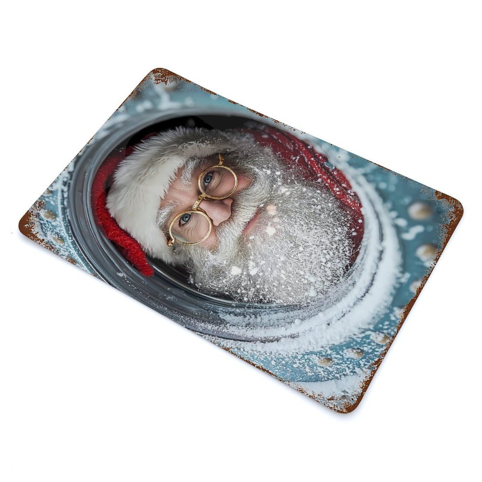 Garage Style Santa Claus Peeking Through Aged Metal Wall Plaque 11.8"x7.9", Farmhouse Wall Decor for Bar And Workshop