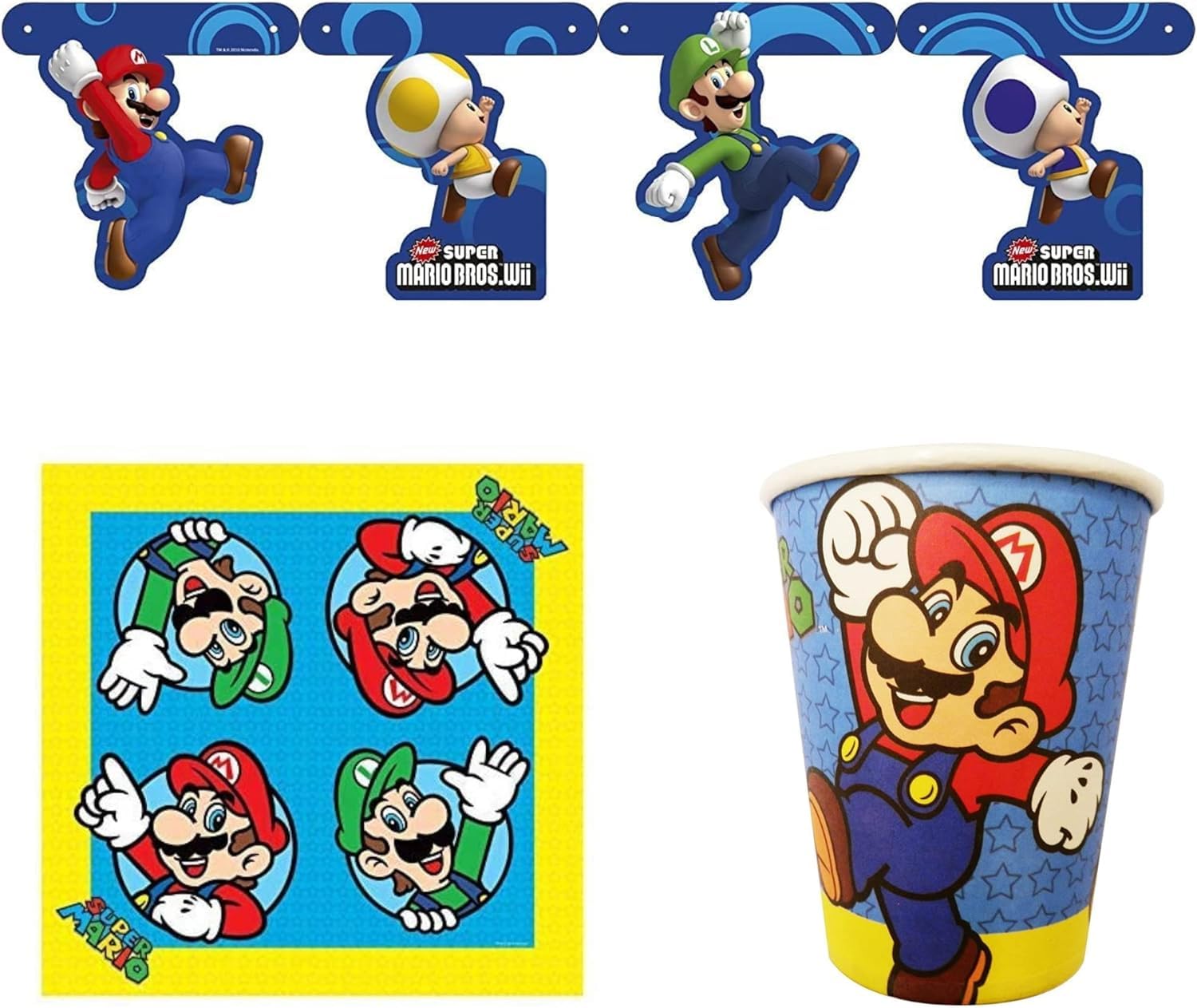 Super Mario Bros 3 Piece Party Set - 8 Paper Cups, 16 Napkins & 150cm Room Banner