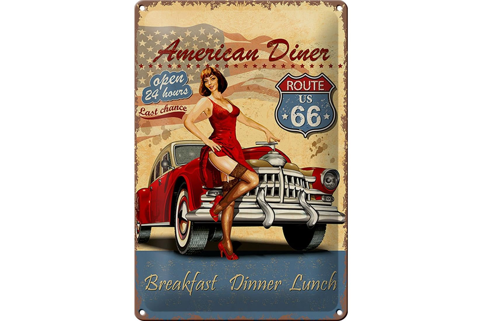 FEMER Tin Sign Retro 20 x 30 cm Pinup American Diner Breakfast Decorative Sign Tin Sign