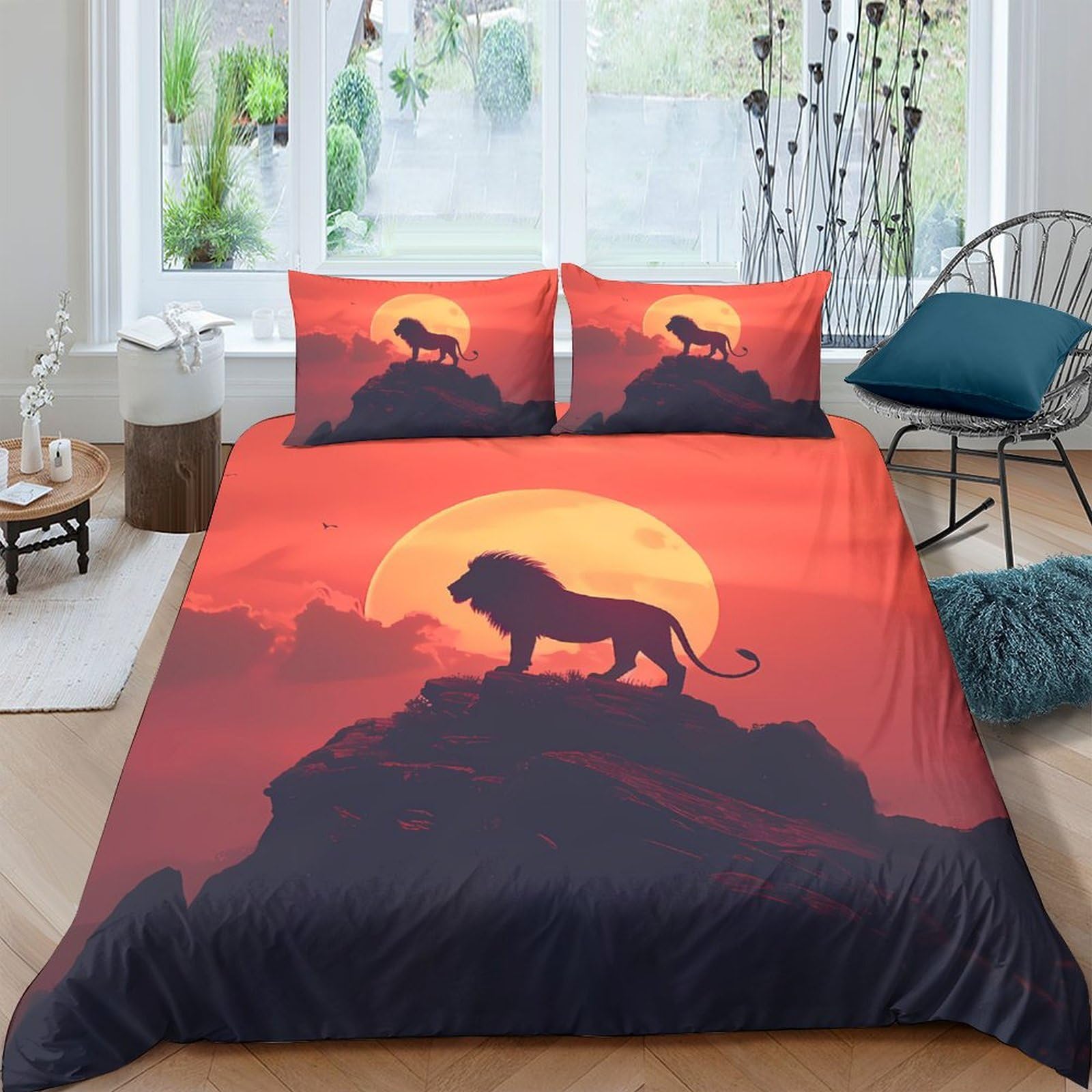 3D Printed Sunset Lion Duvet Cover Microfiber Soft Breathable Savanna Silhouette Bedding Set with 2 Pillowcases for Bedroom Single（135x200cm）